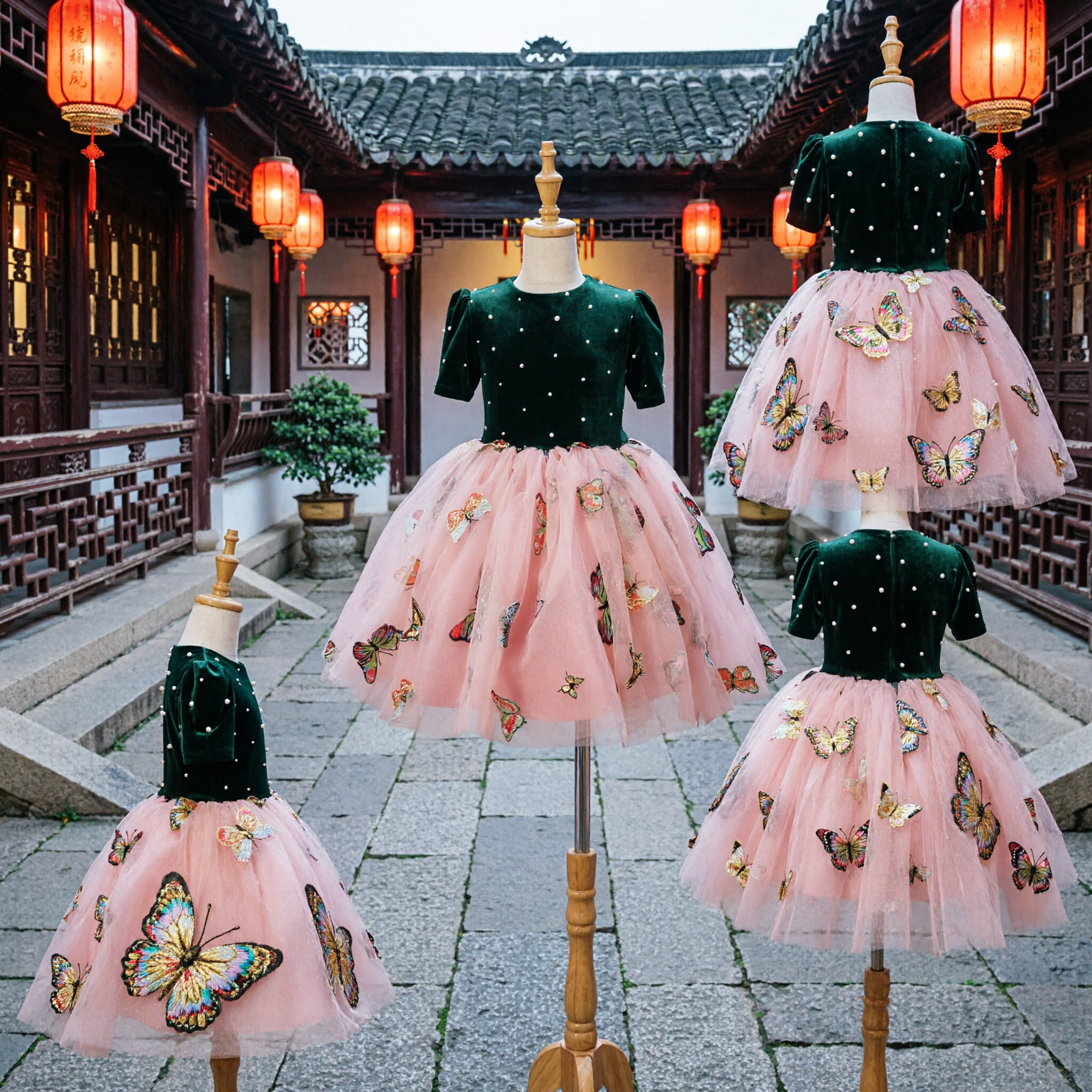 Girls Green Velvet Bodice Pink Tulle Skirt Butterfly Embroidery Formal Party Wedding Flower Girl Dress