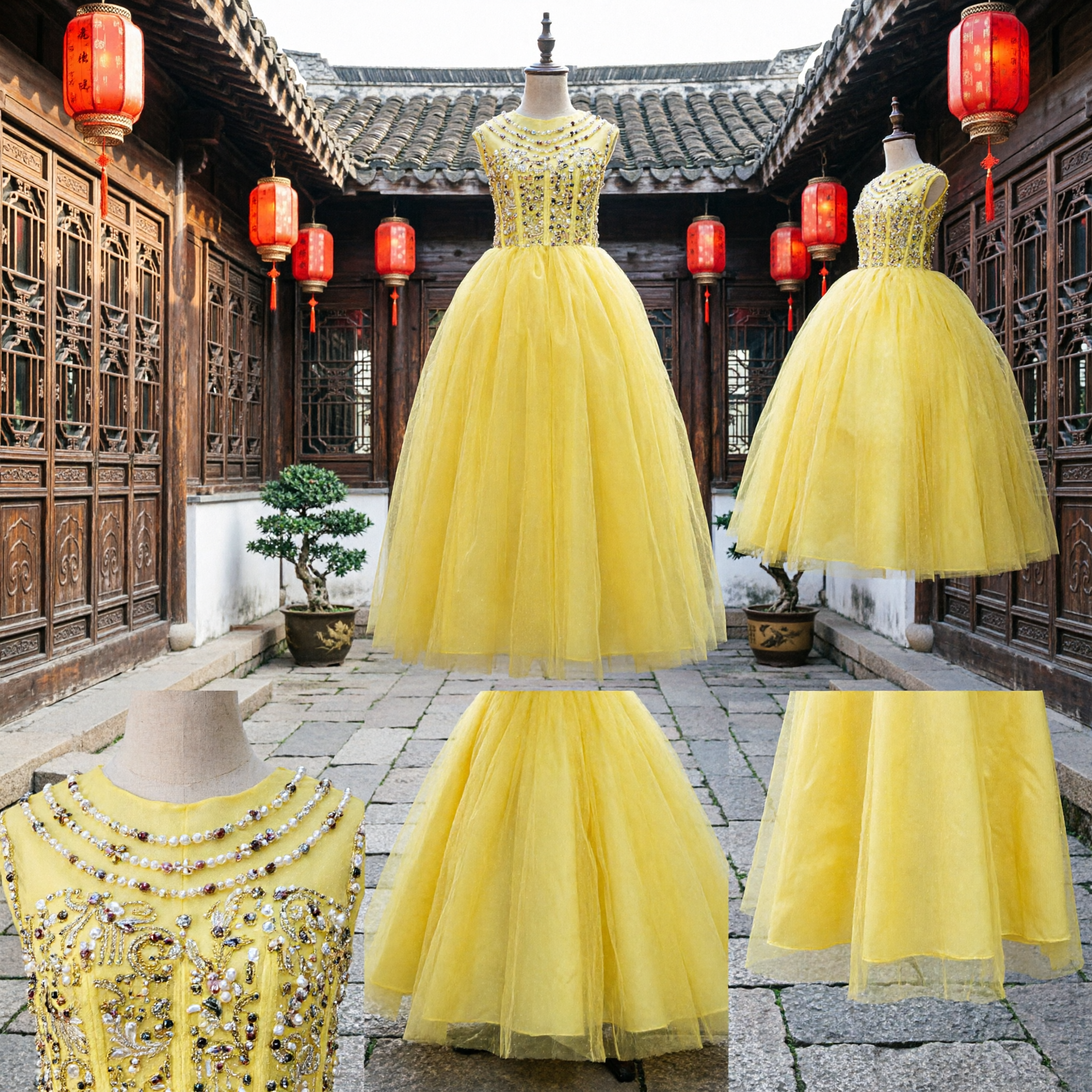 Yellow Flower Girl Dress Sleeveless Sequin Bodice Tulle Ballgown Kids Formal Wedding Party Pageant Gown