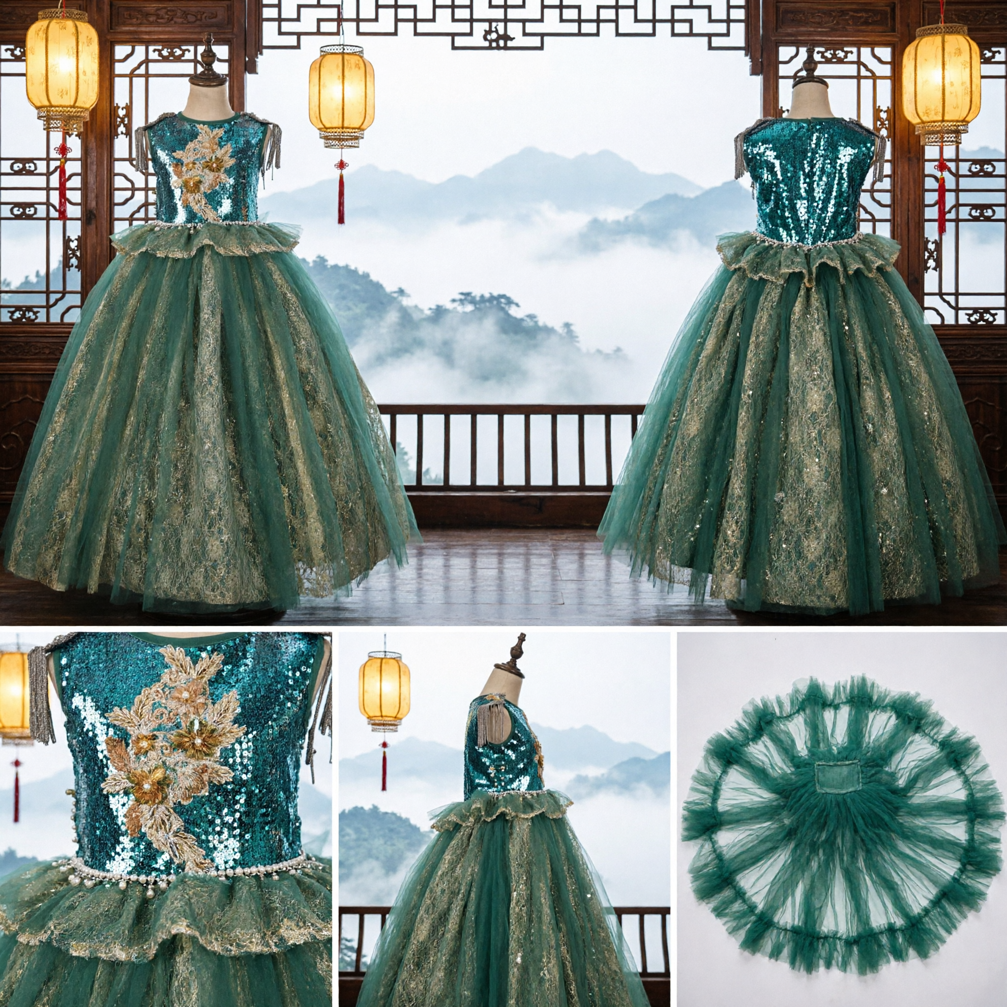 Girls Emerald Green Sequin Bodice Ballgown with Gold Lace Tulle Skirt for Stage Performance Costume