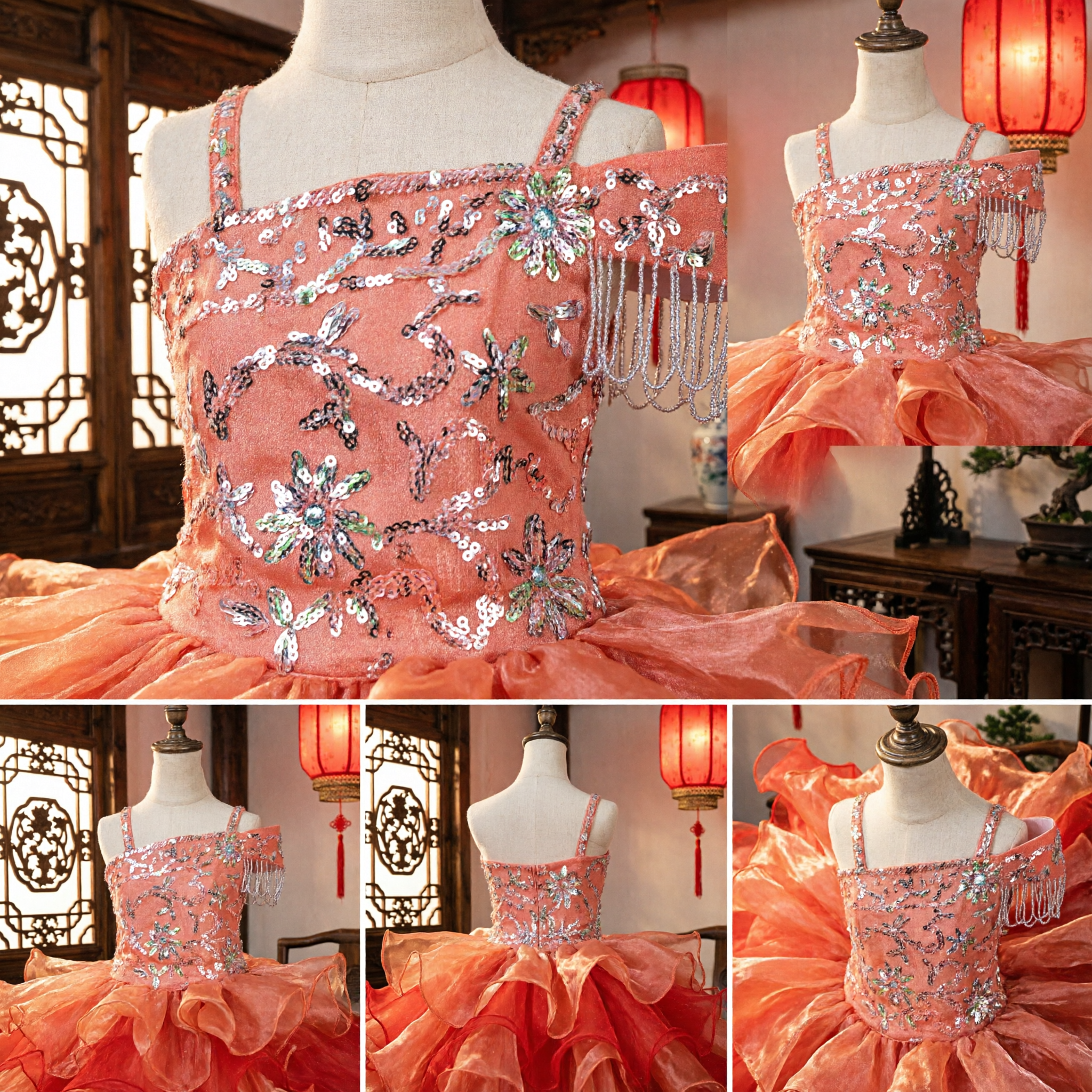 Vibrant Orange Girls Latin Dance Dress with Ruffled Skirt and Rhinestone Bodice for Kids Stage Performance