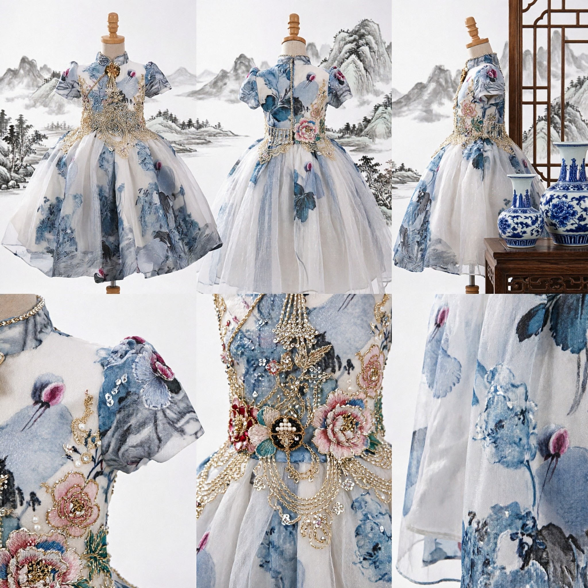 Girls Traditional Chinese Cheongsam Dress Blue Porcelain Print Gold Embroidery Ballgown for Wedding Flower Girl Party