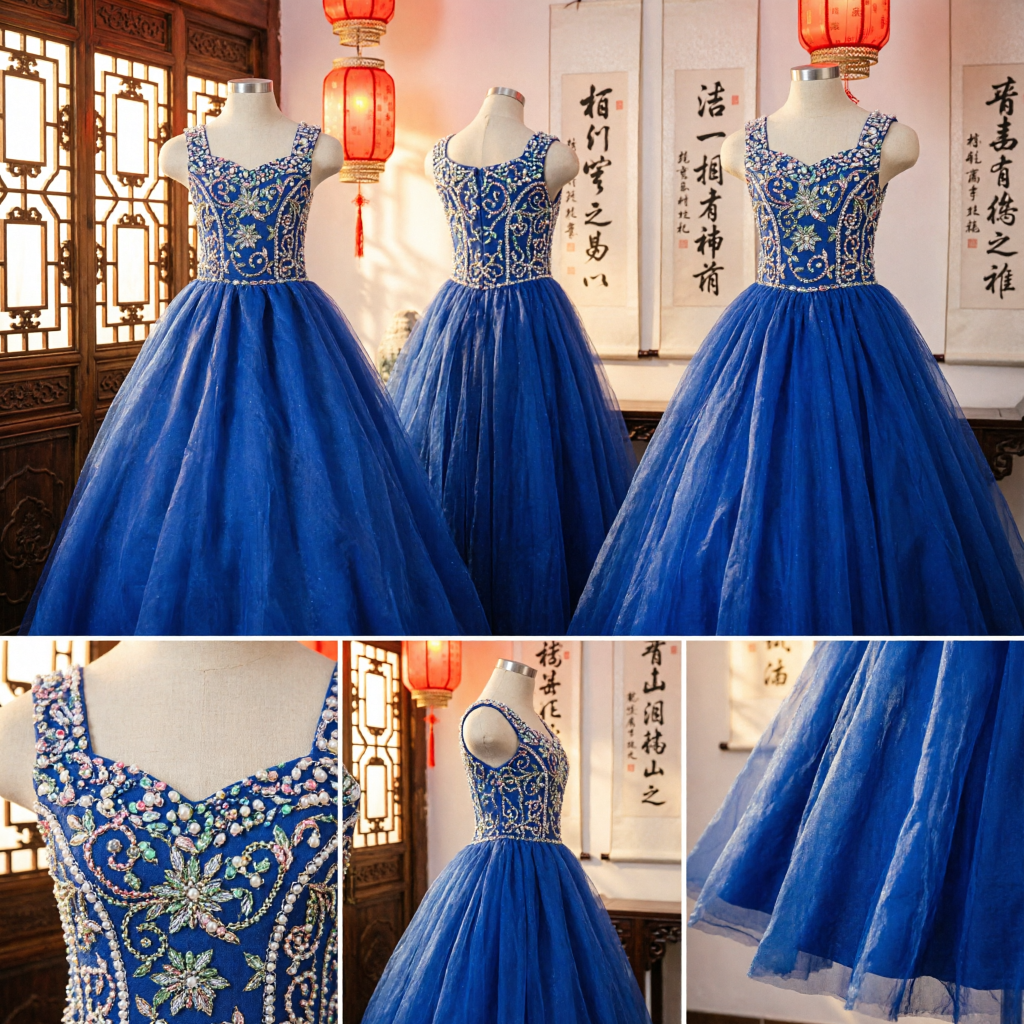 Royal Blue Long Flower Girl Dress Embroidered Beaded Bodice Tulle Ball Gown for Wedding Pageant