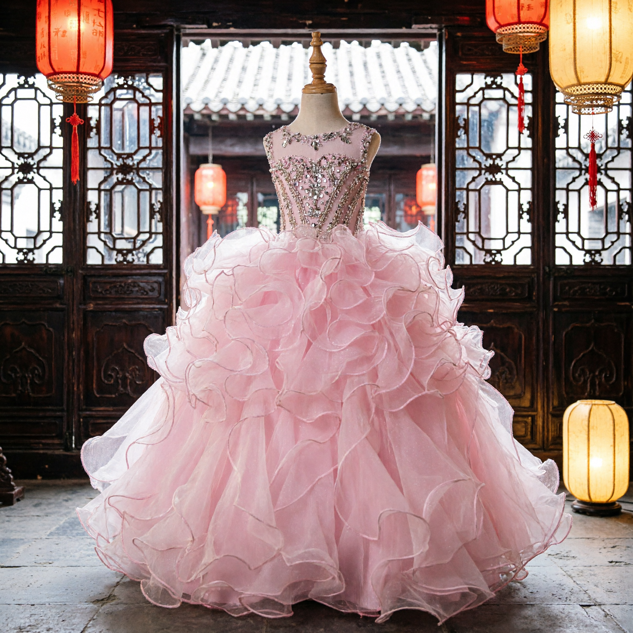 Pink Princess Ball Gown Flower Girl Dress for Kids Pageant Wedding Party Sequined Ruffled Tulle Skirt