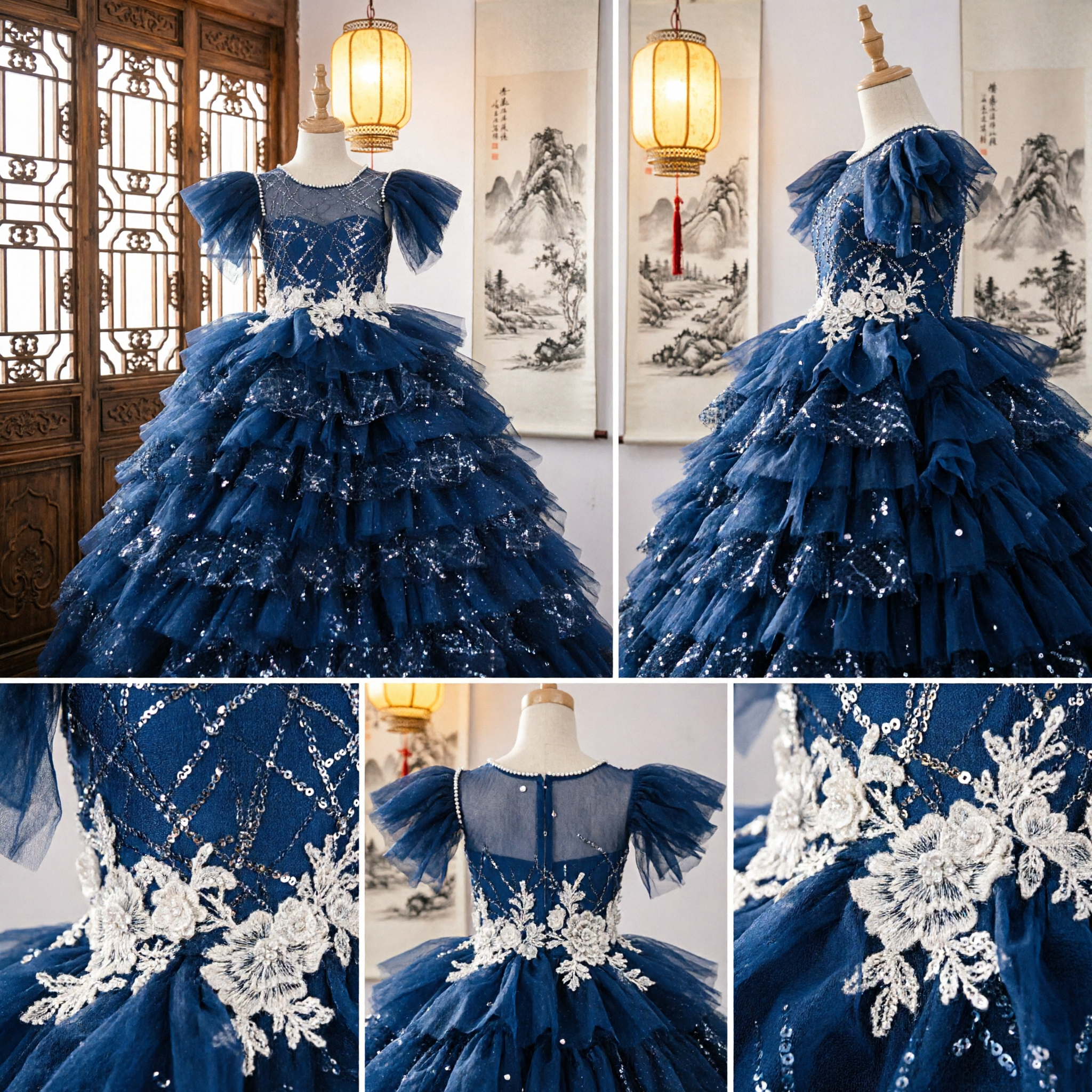 Navy Blue Sequined Layered Tulle Ball Gown Dress for Girls Wedding Flower Girl Pageant Princess Costume