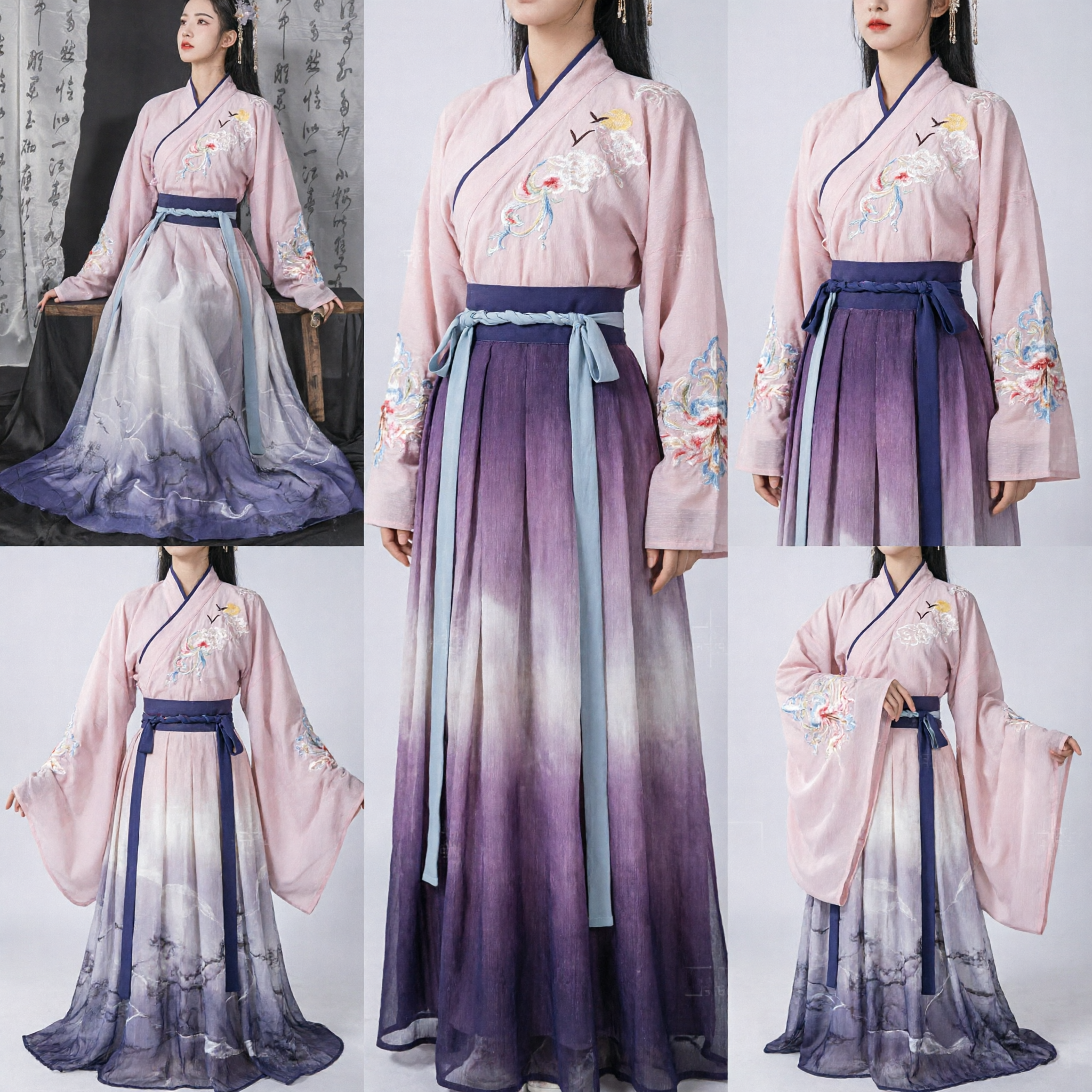 Elegant Ming Dynasty Chinese Hanfu Traditional Costume Pink Embroidered Top and Purple Gradient Skirt Set for Women