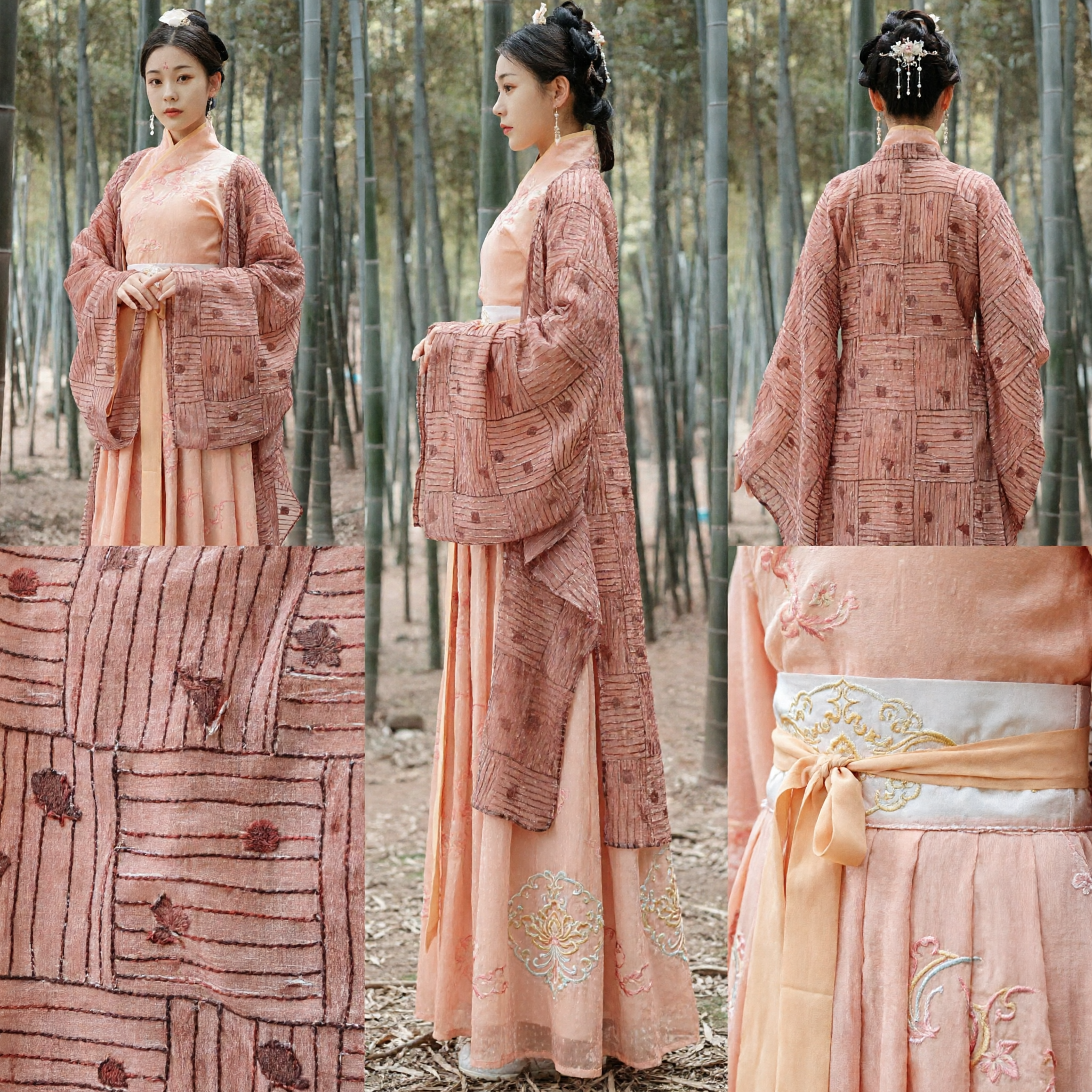 Elegant Peach Traditional Chinese Hanfu Women Ancient Costume Embroidered Wide Sleeve Robe and Pleated Skirt Set