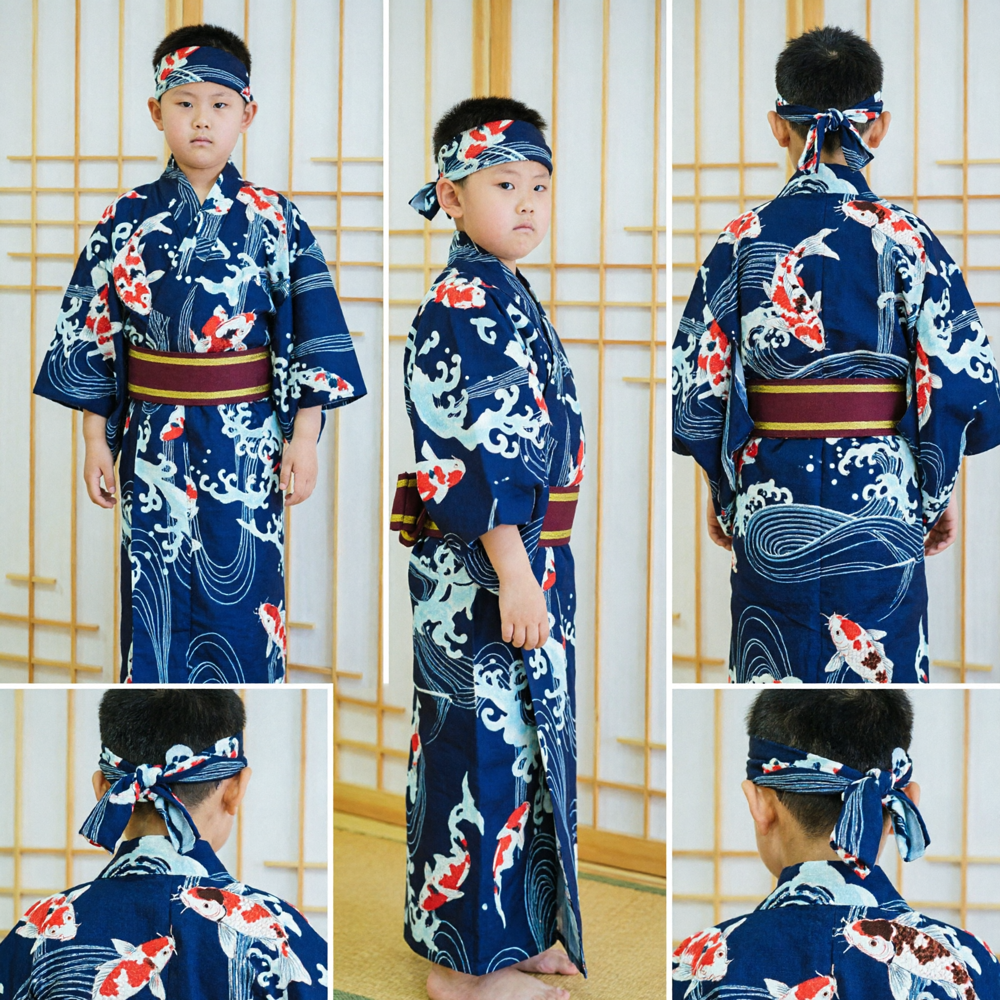 Traditional Japanese Boys Samurai Kimono Costume with Koi Fish Pattern for Kids Halloween Cosplay and Stage Performance