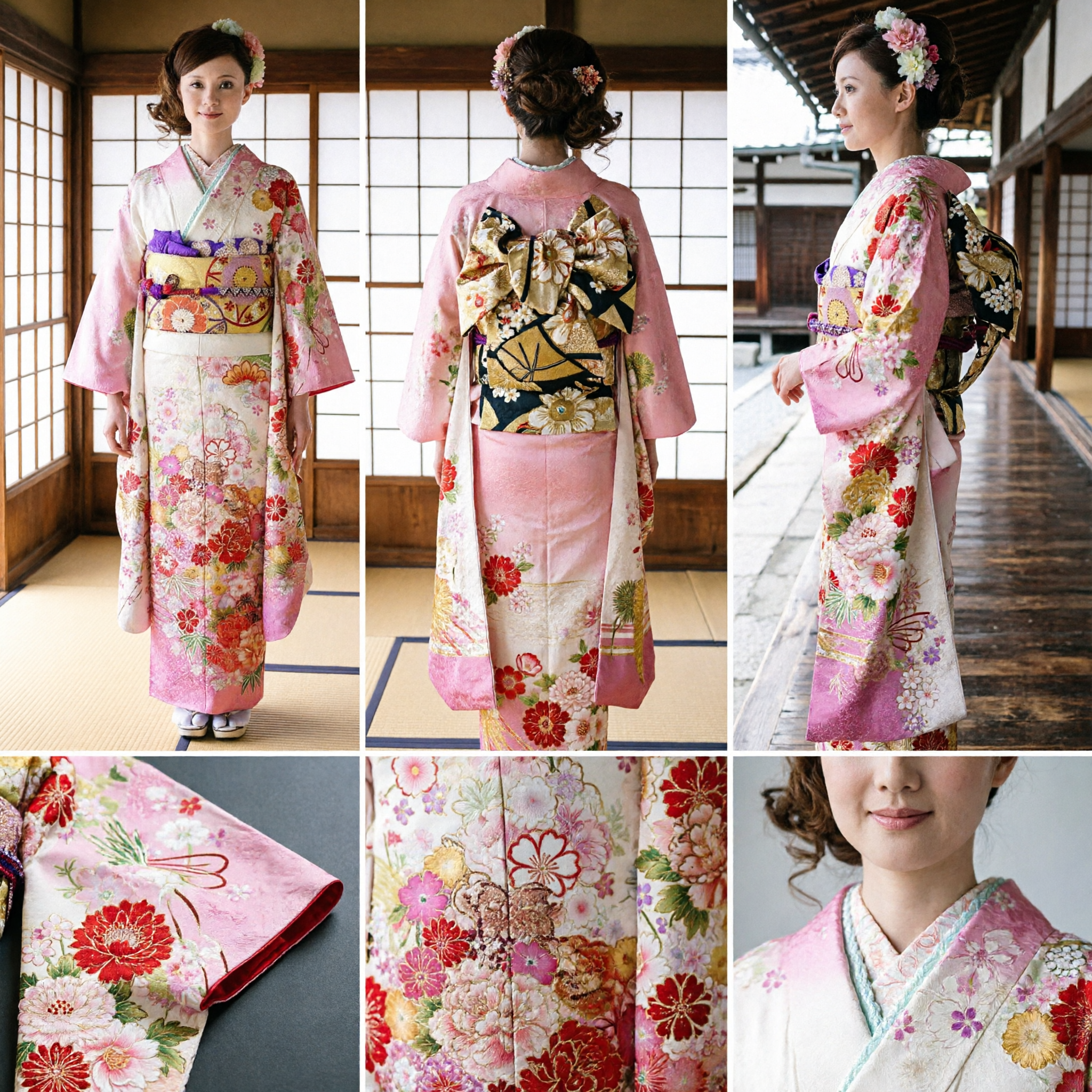 Traditional Japanese Pink Floral Furisode Kimono Set for Women Wedding and Coming of Age Ceremony