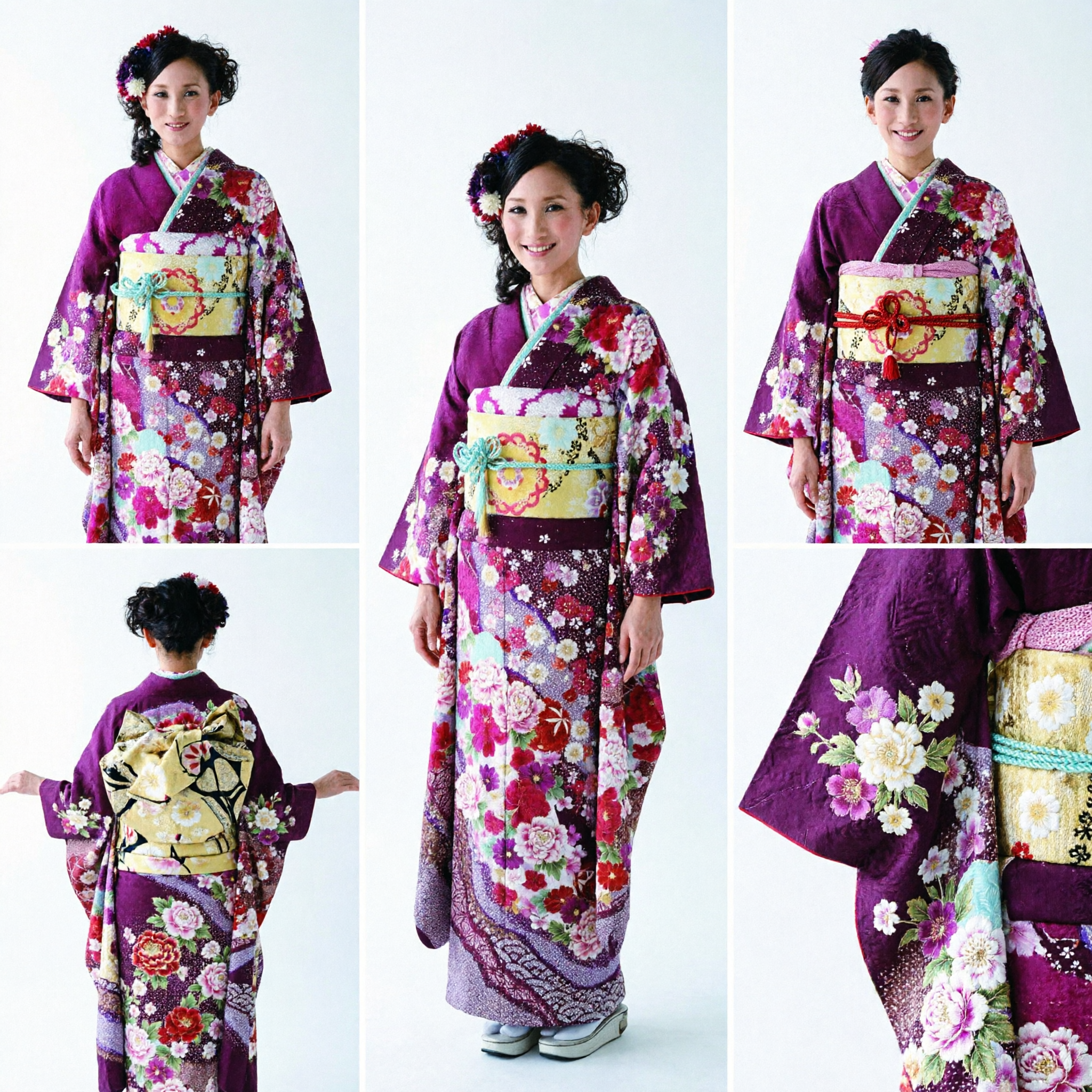 Traditional Japanese Furisode Kimono for Women Purple Floral Design Formal Wedding Ceremony Costume