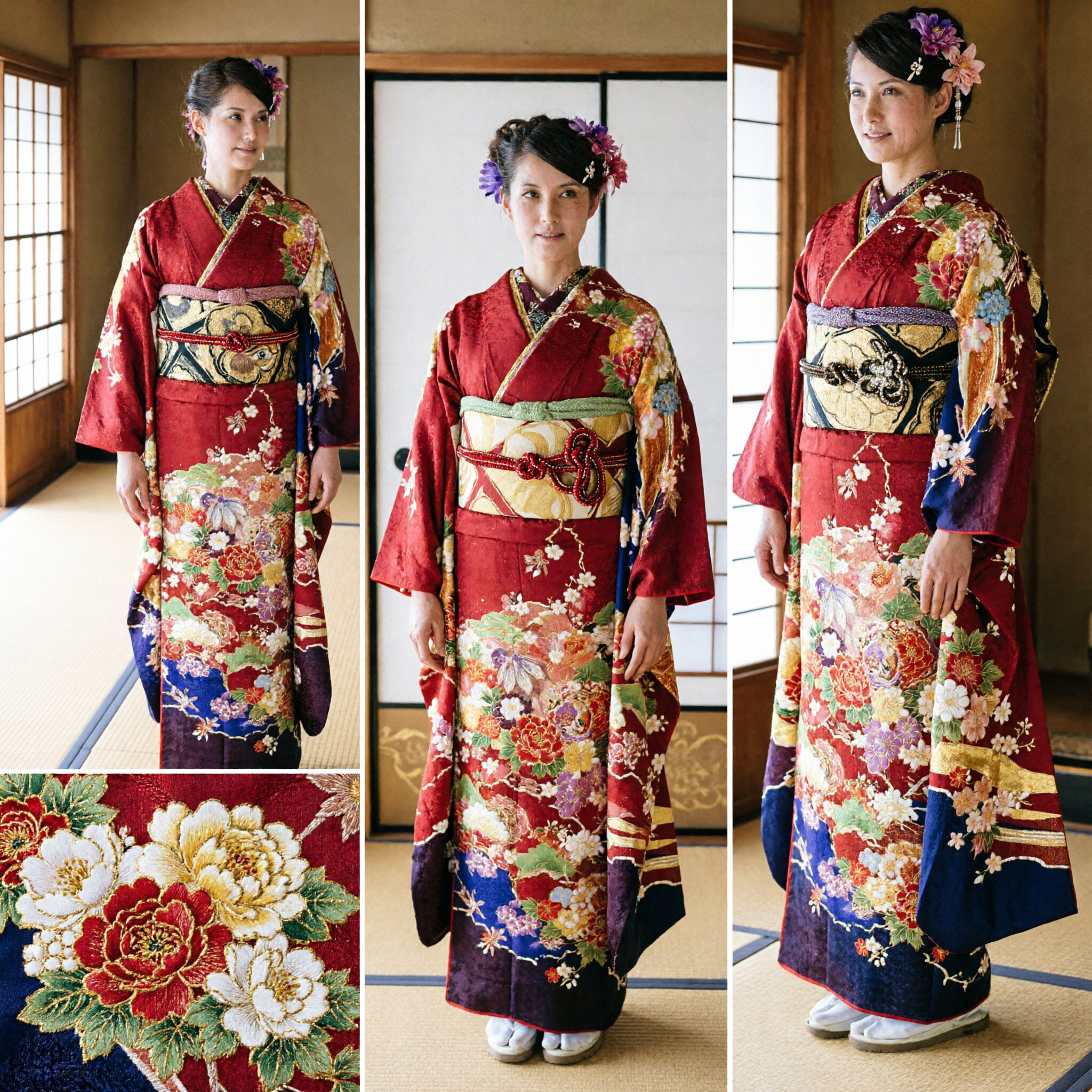 Women's Traditional Japanese Red Floral Kimono Set with Obi Sash for Wedding and Photoshoots