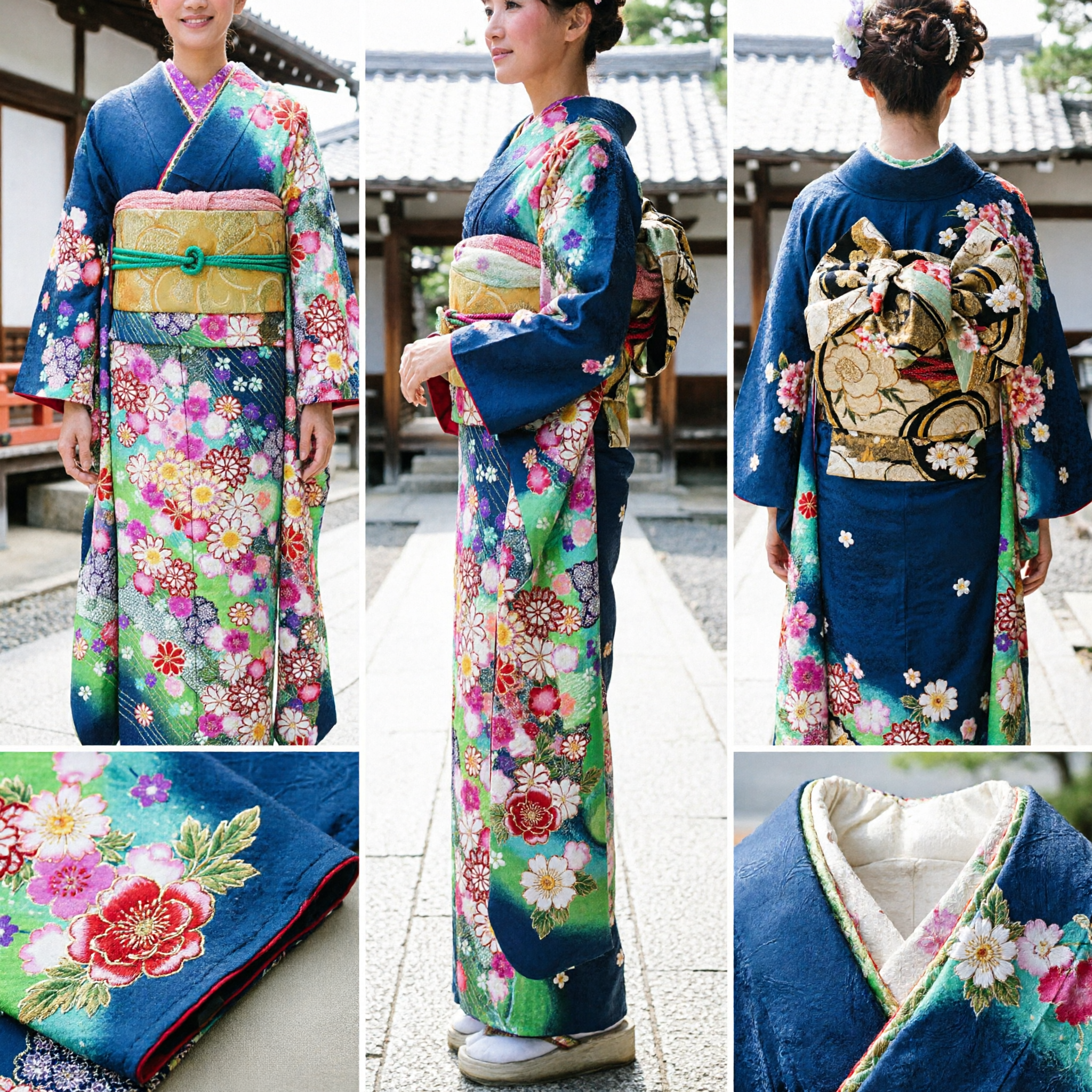 Traditional Japanese Furisode Kimono for Women Colorful Floral Pattern Formal Wedding and Ceremony Costume