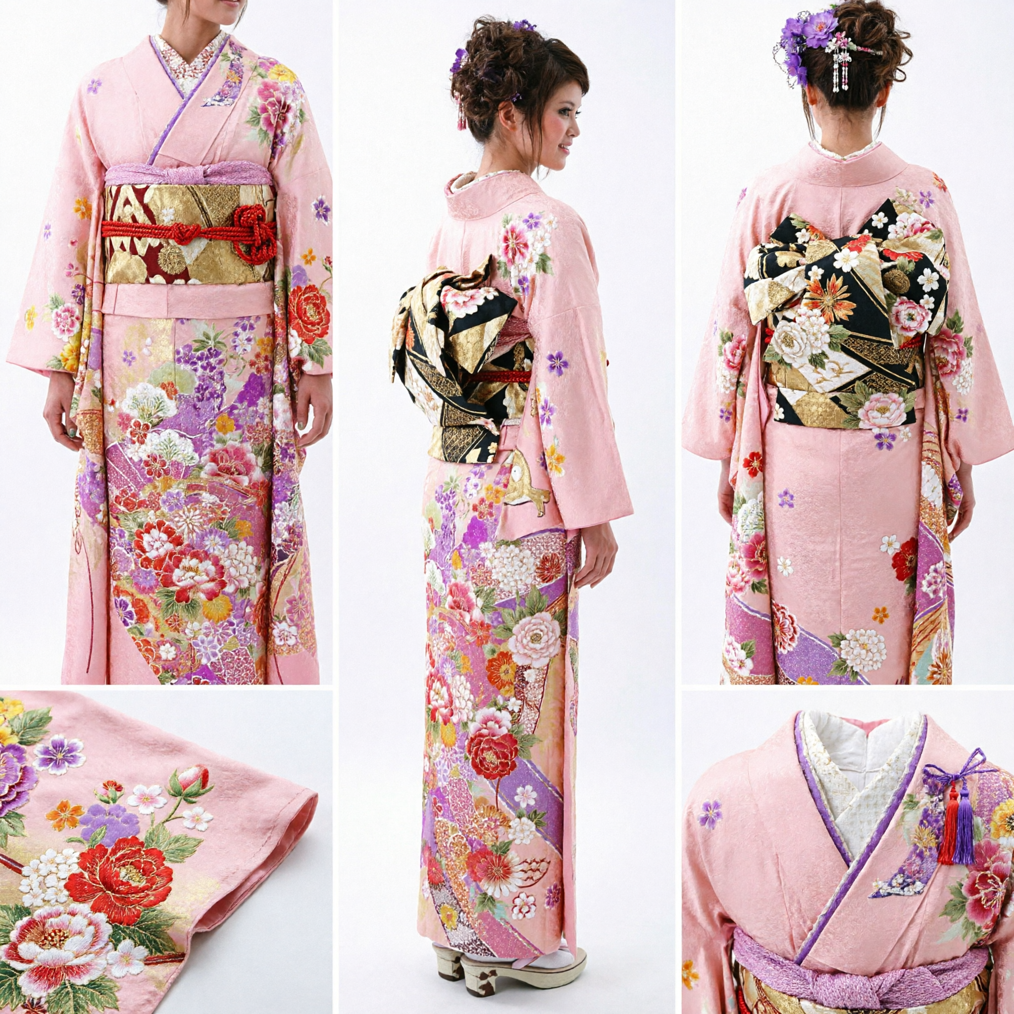 Pink Floral Japanese Furisode Kimono Traditional Formal Wear for Women Wedding Guest Coming of Age Ceremony