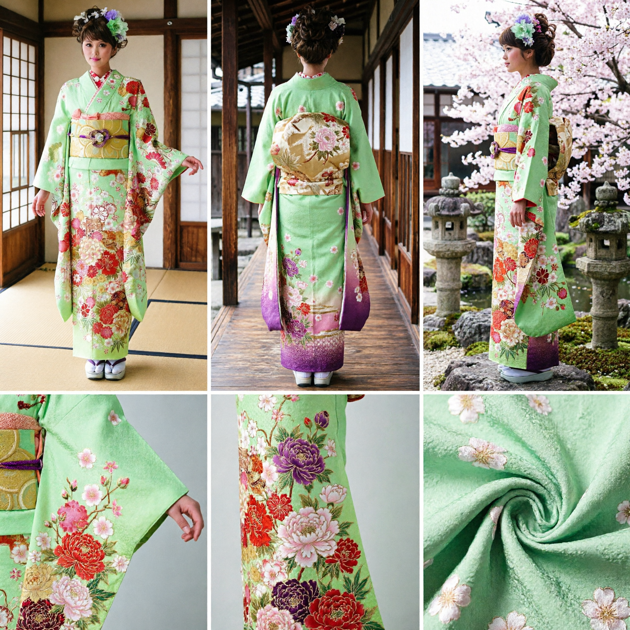 Vibrant Green Floral Japanese Kimono Traditional Formal Wear Women's Cultural Costume for Special Occasions