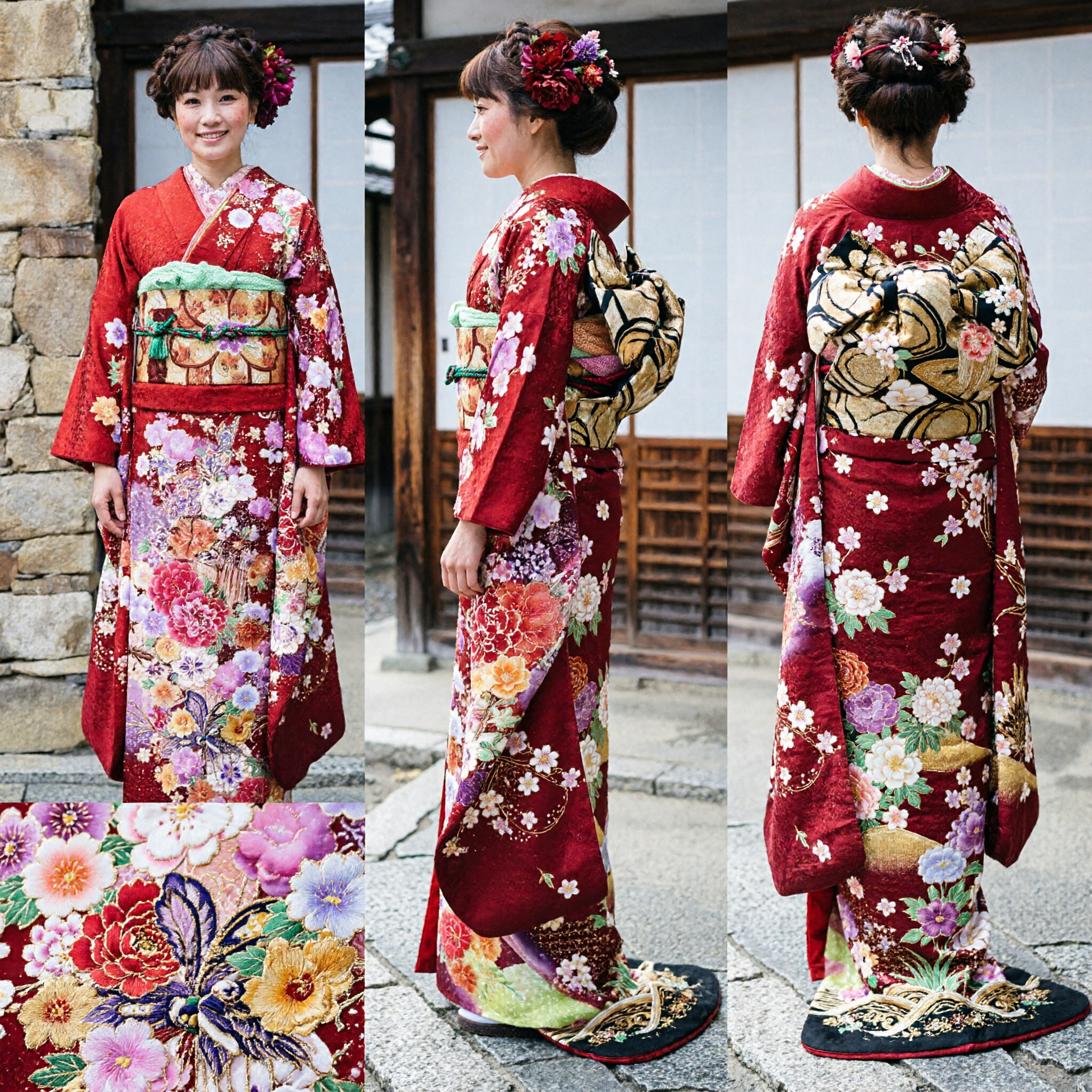 Traditional Japanese Red Floral Kimono for Women Elegant Long Sleeve Wedding Festival Costume Dress