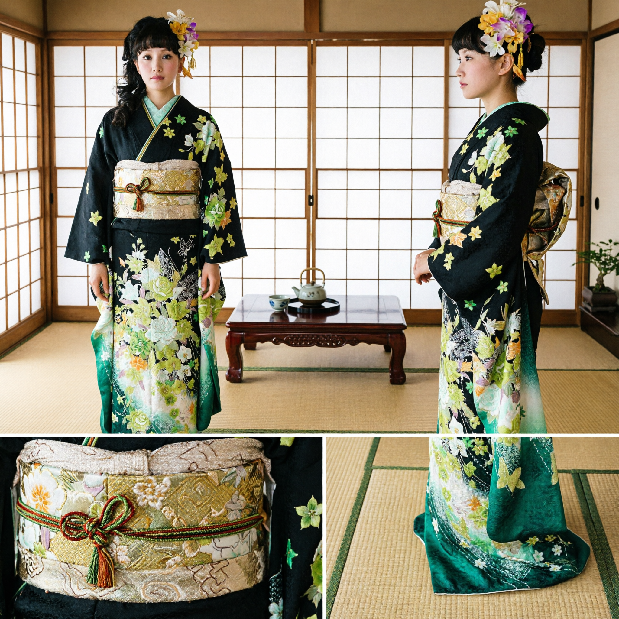 Women's Traditional Japanese Black Kimono with Green Floral Pattern for Formal Events and Ceremonies