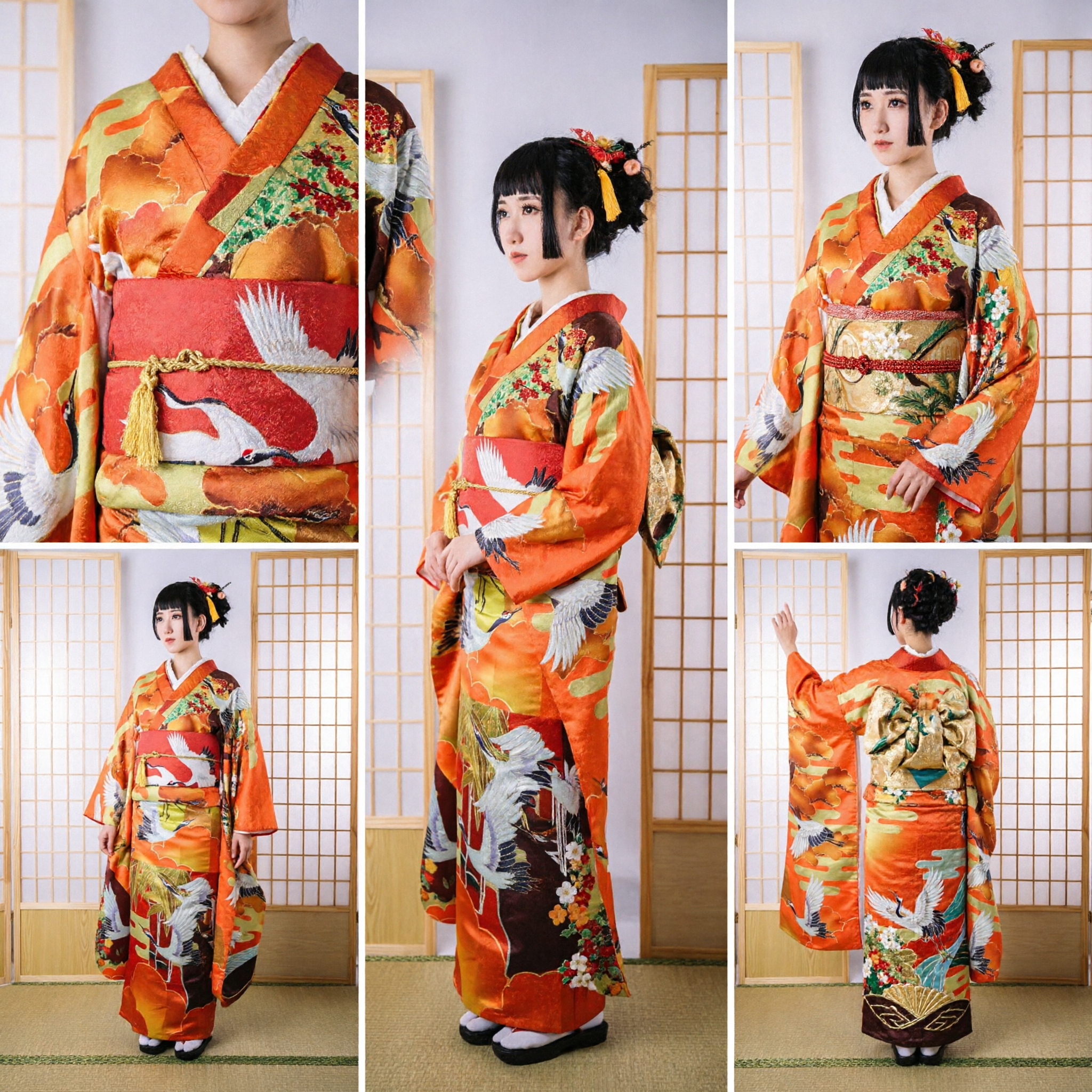 Traditional Japanese Orange Furisode Kimono with Crane Print for Women Wedding and Ceremony Costume