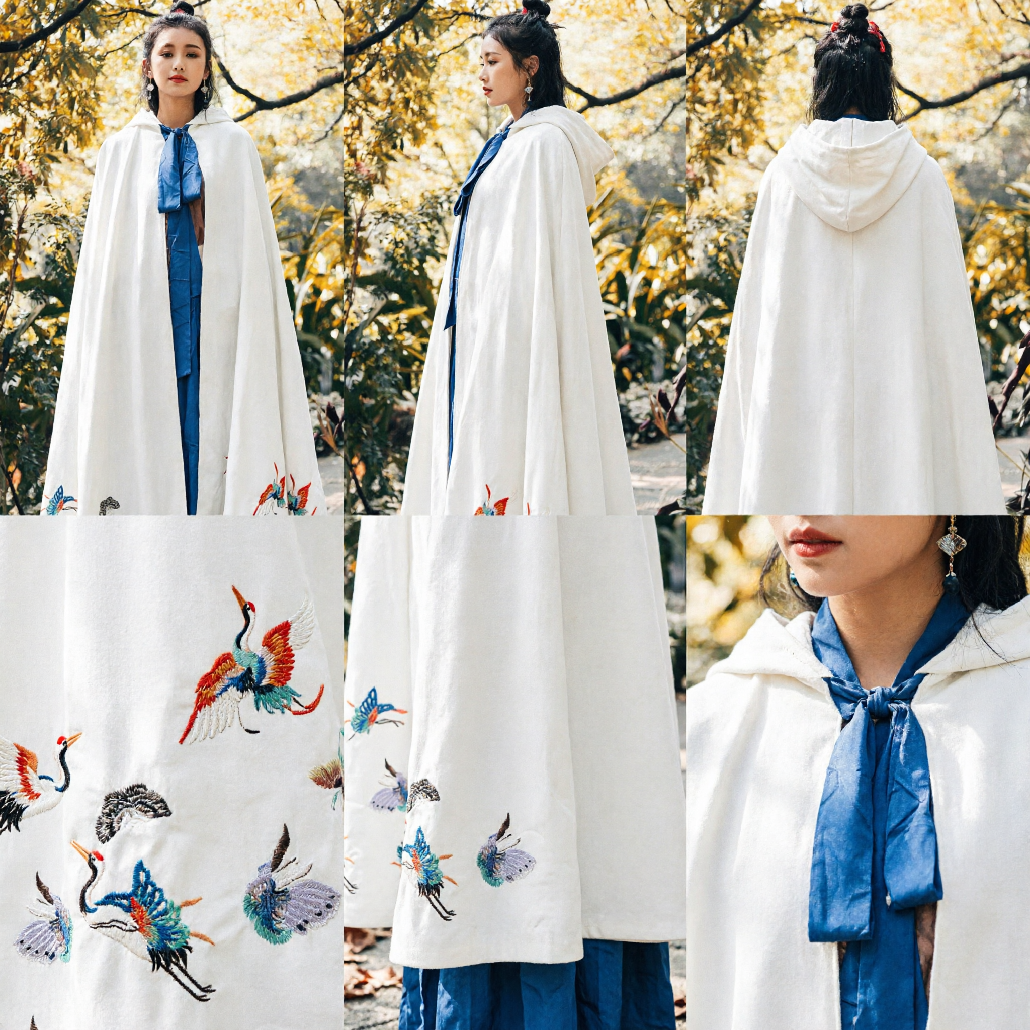 Traditional Chinese Hanfu White Hooded Cloak Cape with Butterfly Embroidery Ancient Costume for Women