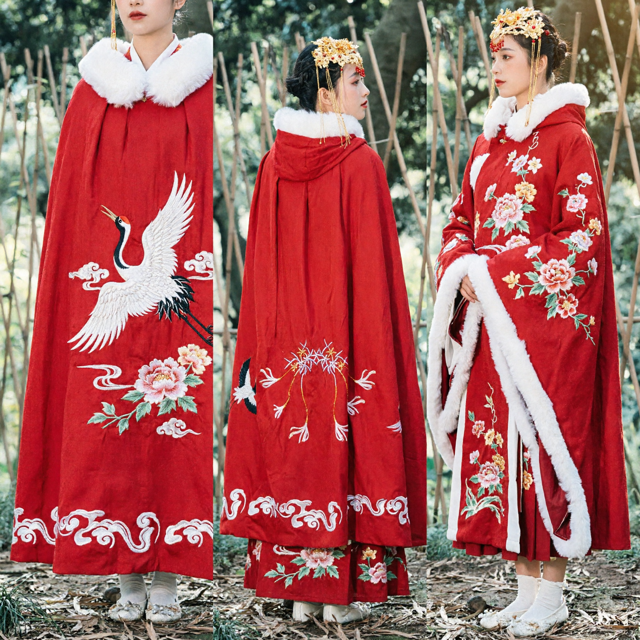Traditional Chinese Red Hanfu Cloak Winter Cape with White Fur Hood and Embroidery for Women Cosplay