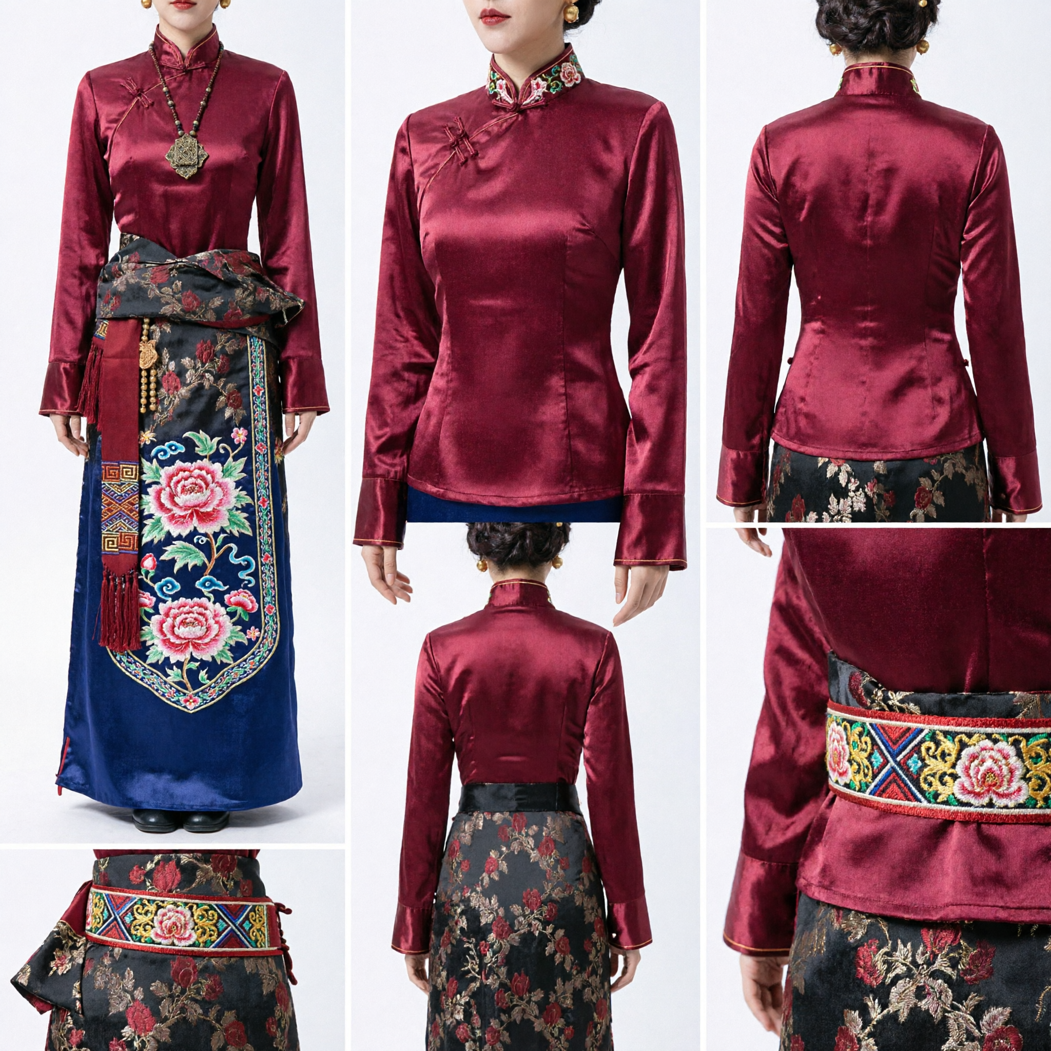 Traditional Chinese Women's Ming Dynasty Hanfu Set Red Silk Blouse and Floral Skirt for Formal Events