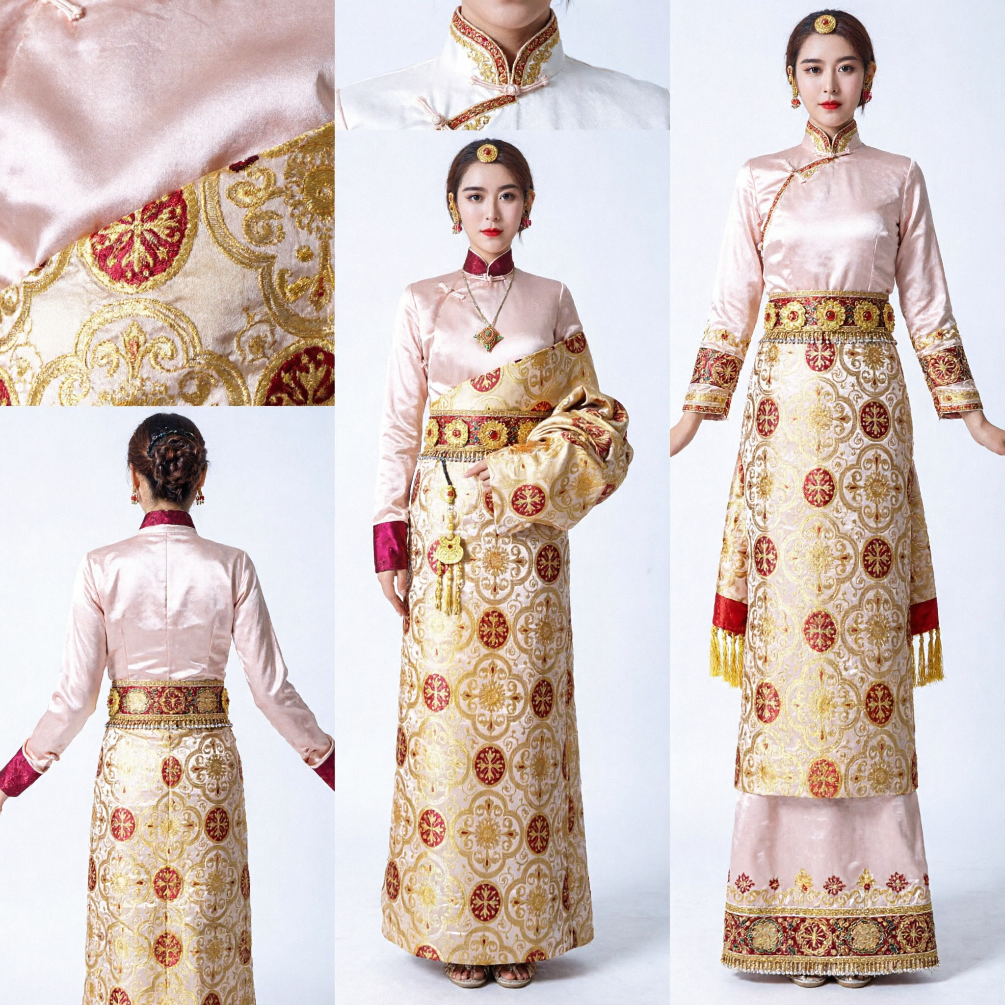 Traditional Tibetan Chuba Dress for Women Gold Embroidered Brocade Ethnic Costume for Cultural Festivals
