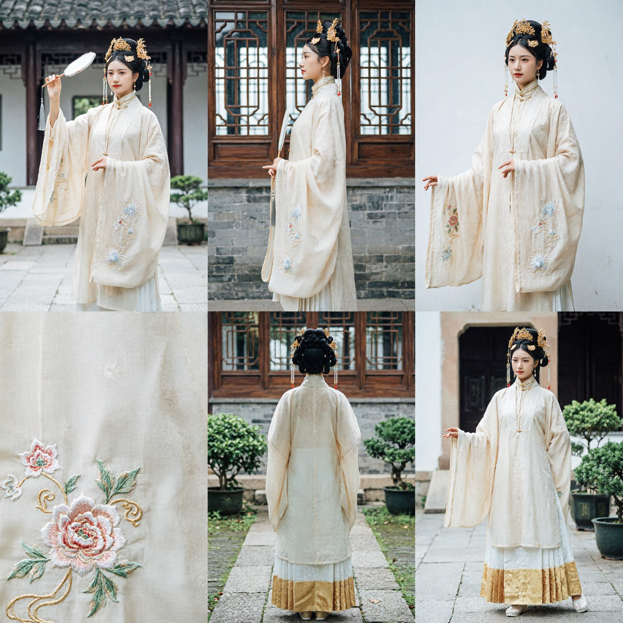 Traditional Chinese Hanfu Ming Dynasty Style Cream Embroidered Robe and Skirt Set for Women Ancient Costume Photography