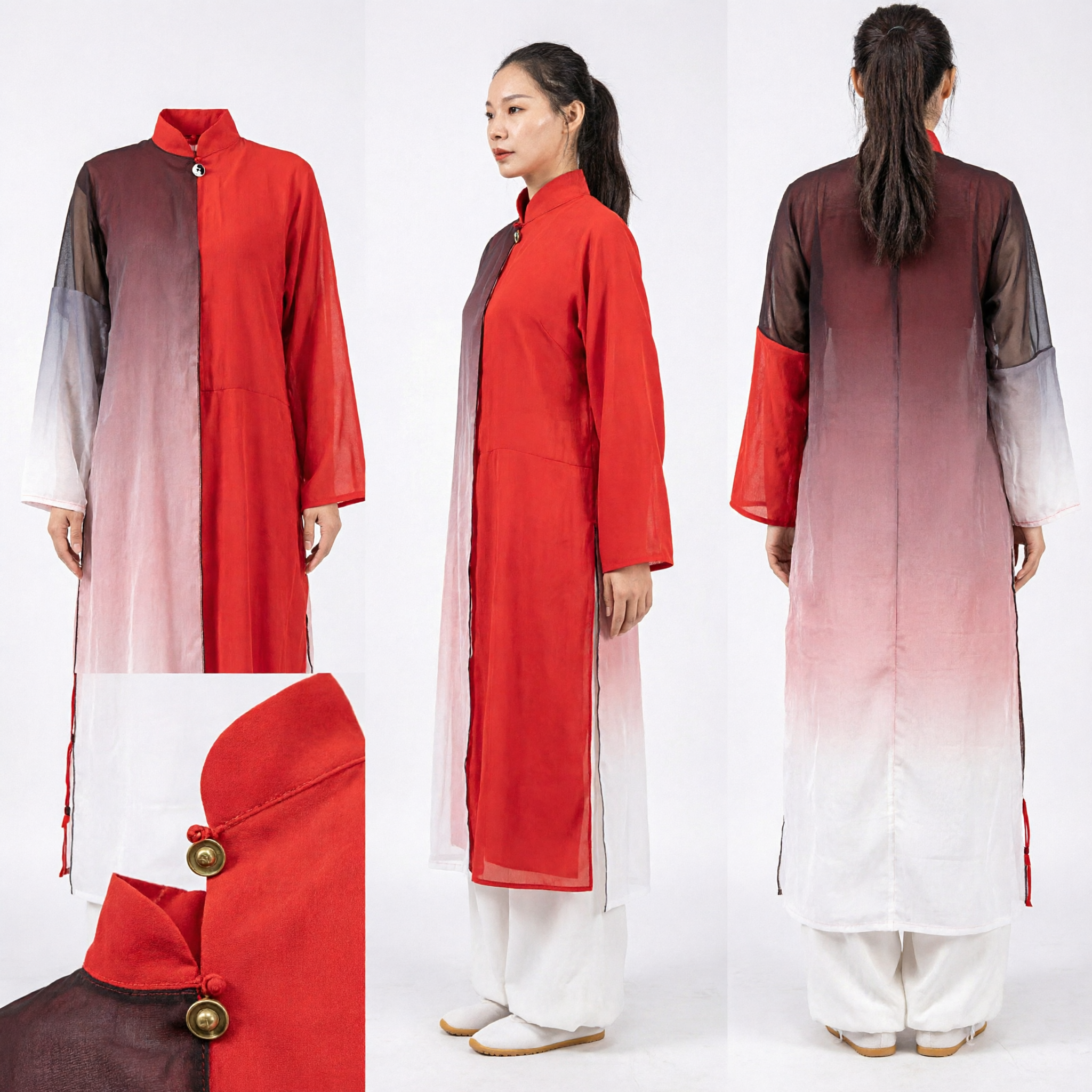 Women's Traditional Red Gradient Tai Chi Uniform Chinese Kung Fu Suit Martial Arts Wushu Performance Costume
