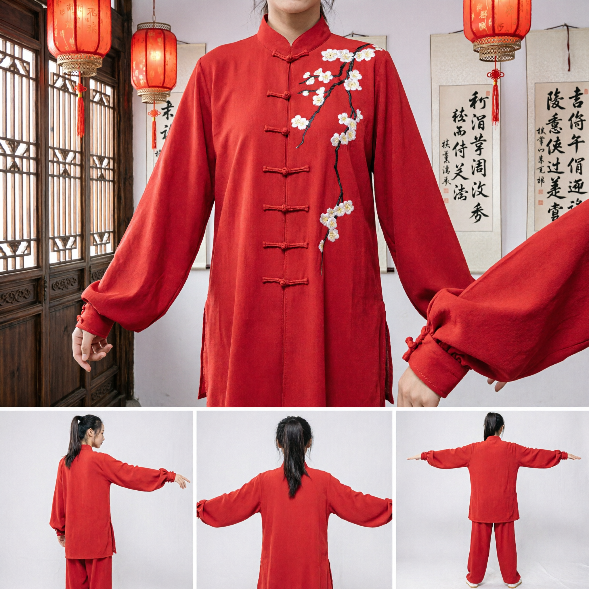 Women's Red Traditional Chinese Kung Fu Uniform with Plum Blossom Embroidery Tai Chi Martial Arts Set