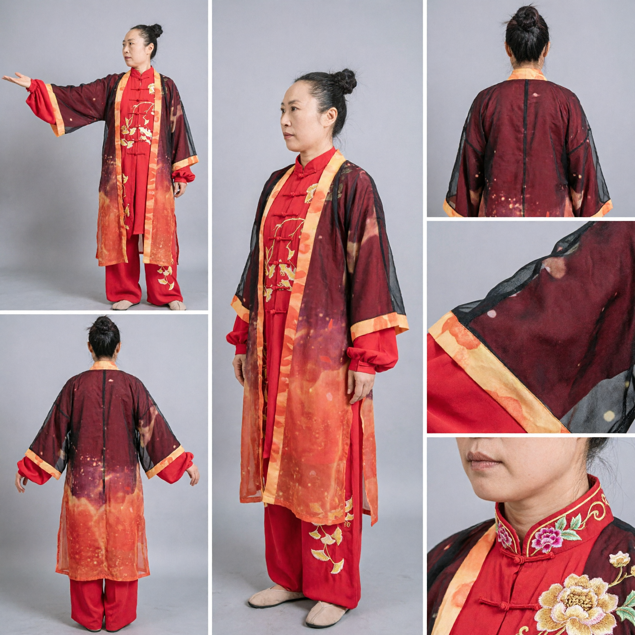 Women's Red Traditional Tai Chi Uniform Kung Fu Costume Silk Martial Arts Clothing with Ginkgo Leaf Design