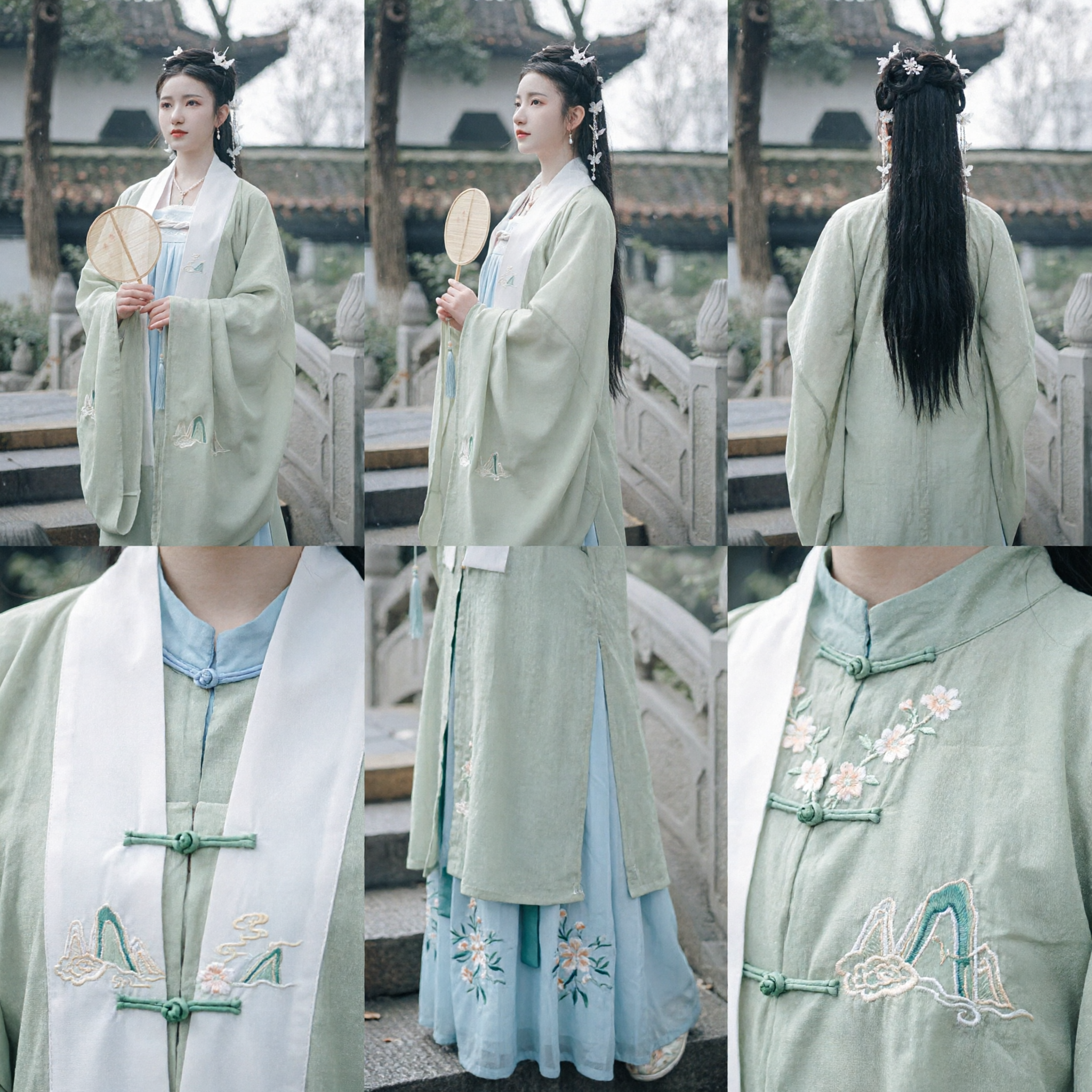 Traditional Chinese Song Dynasty Hanfu Costume Light Green Embroidered Beizi Jacket and Blue Skirt Set for Women