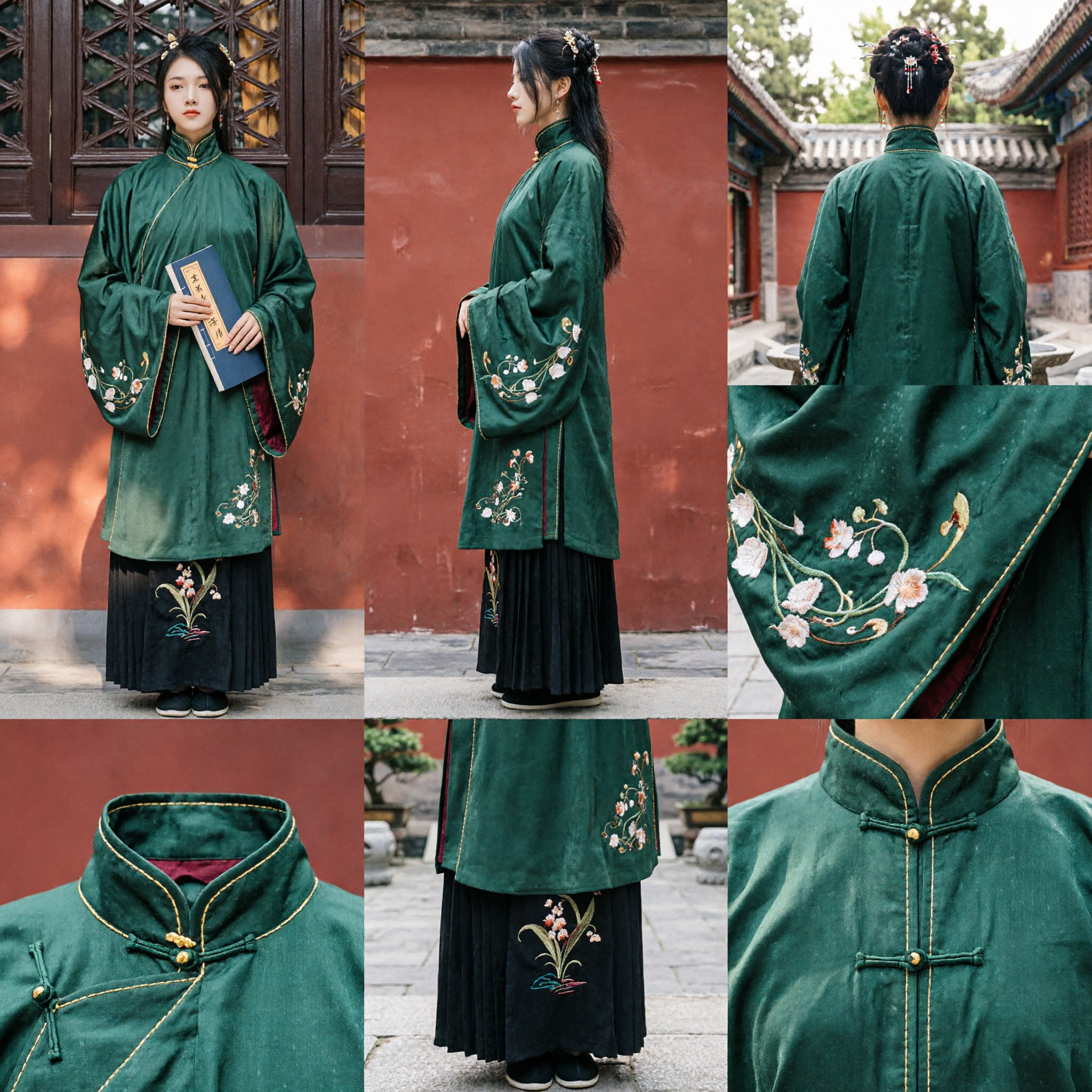 Traditional Chinese Qing Dynasty Dark Green Velvet Embroidery Top and Skirt Set for Women Hanfu Performance Costume