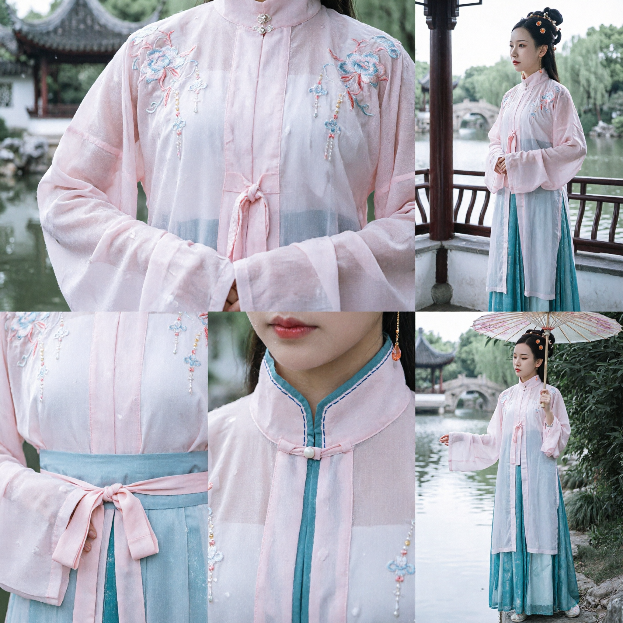 Elegant Pink and Teal Hanfu Traditional Chinese Clothing Ming Dynasty Style Embroidered Robe Set for Women