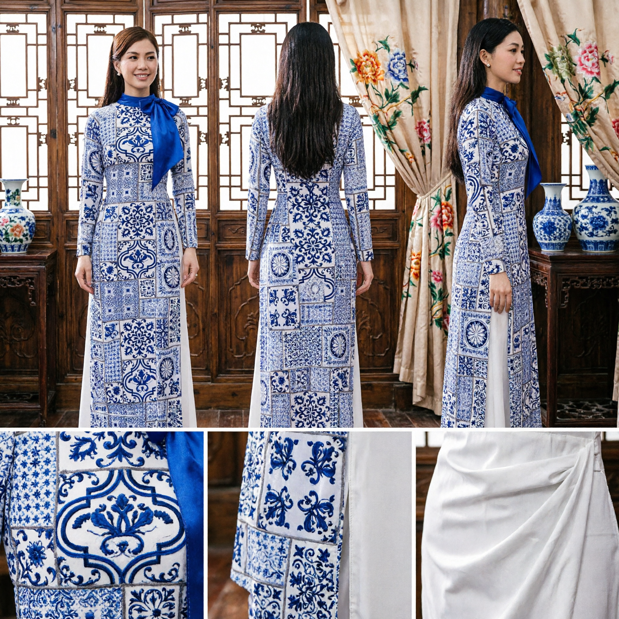 Traditional Vietnamese Ao Dai Dress Blue White Porcelain Patchwork Long Sleeve Tunic for Ladies