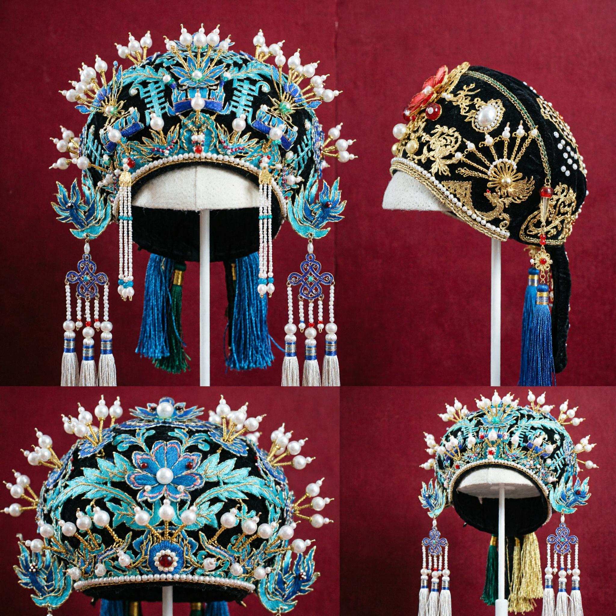 Traditional Chinese Qing Dynasty Manchu Headdress Crown with Tassels for Ancient Costume Opera and Wedding Photo