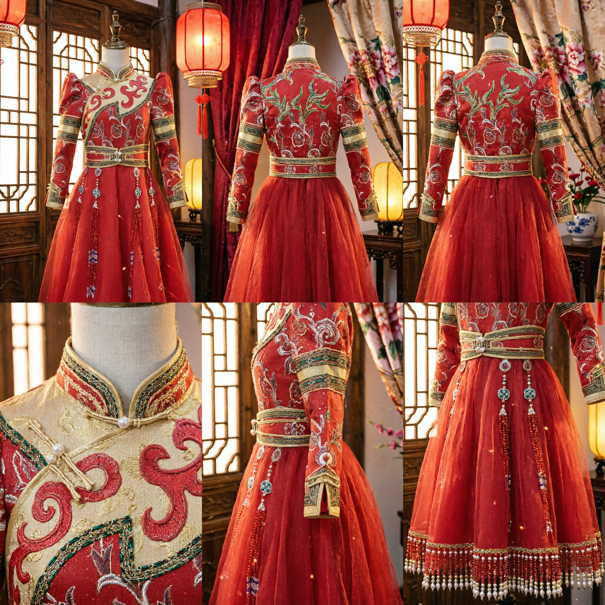 Traditional Red Mongolian Costume Dress for Women Ethnic Folk Dance Performance Wear with Gold Embroidery