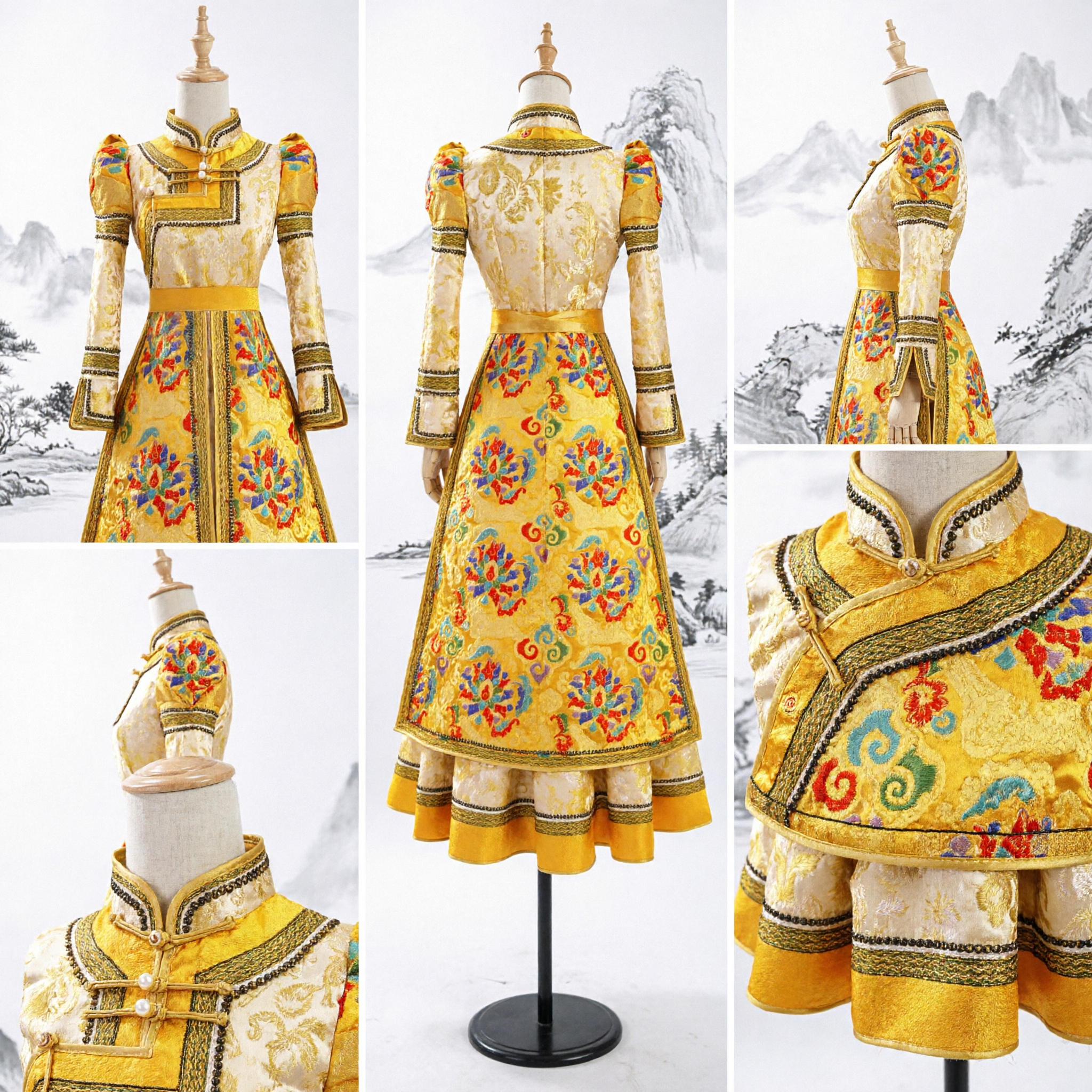 Yellow Mongolian Ethnic Dance Costume Traditional Chinese Embroidered Long Dress for Women Stage Performance