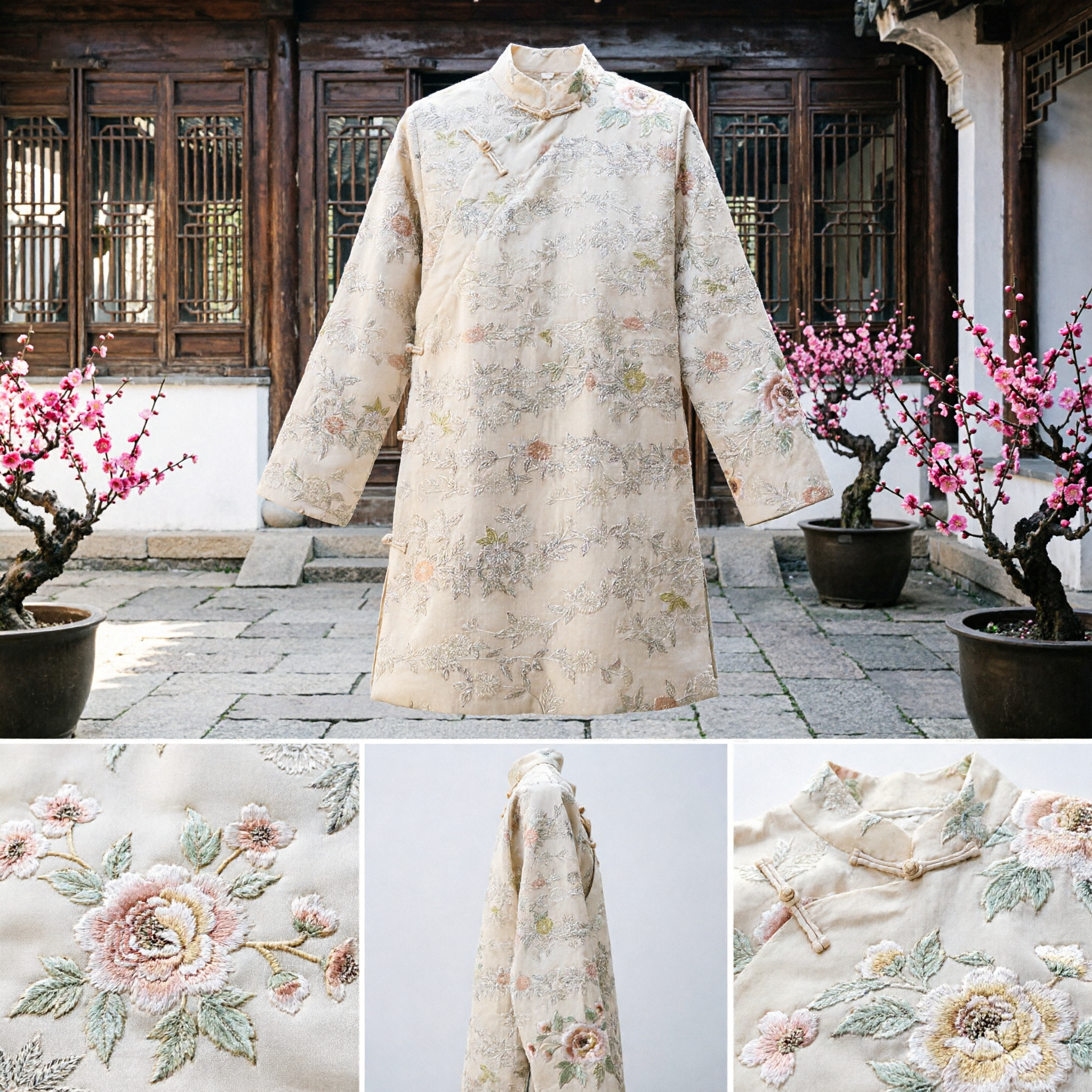 Traditional Chinese Silk Brocade Fabric Pale Yellow Floral Pattern for Hanfu Costume Making