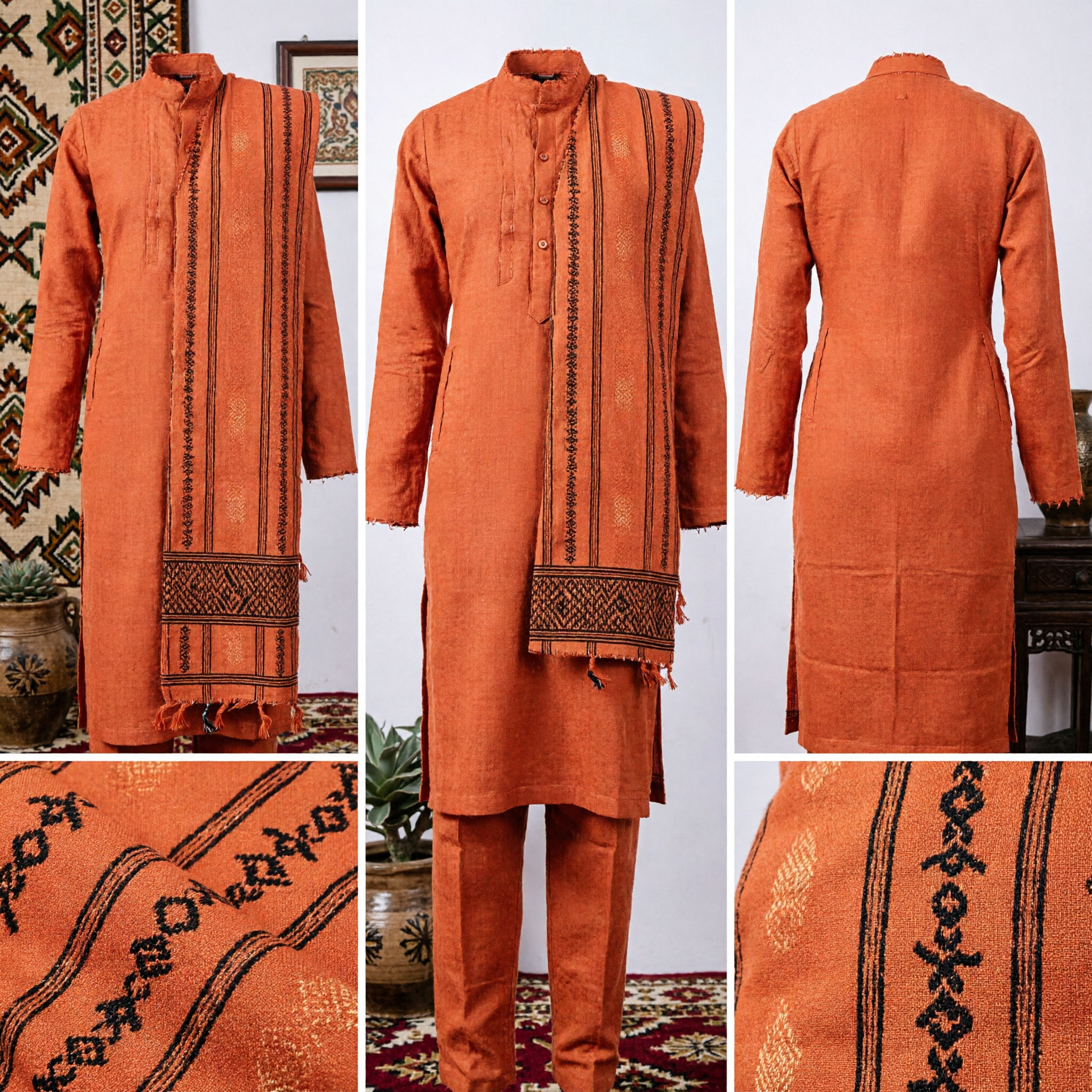 Traditional Asian Saffron Orange Geometric Striped Textile for Buddhist Monk Robes and Cultural Ceremonies