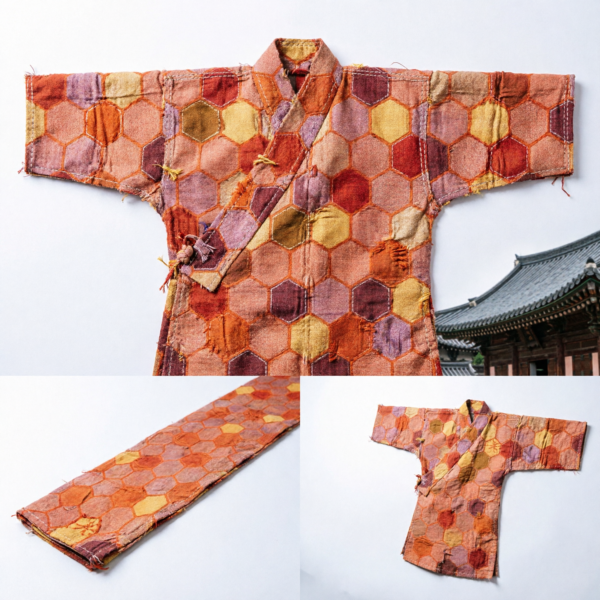 Traditional Chinese Orange Gold Hexagon Brocade Fabric for Wedding Table Runner and Hanfu Costume Accessories