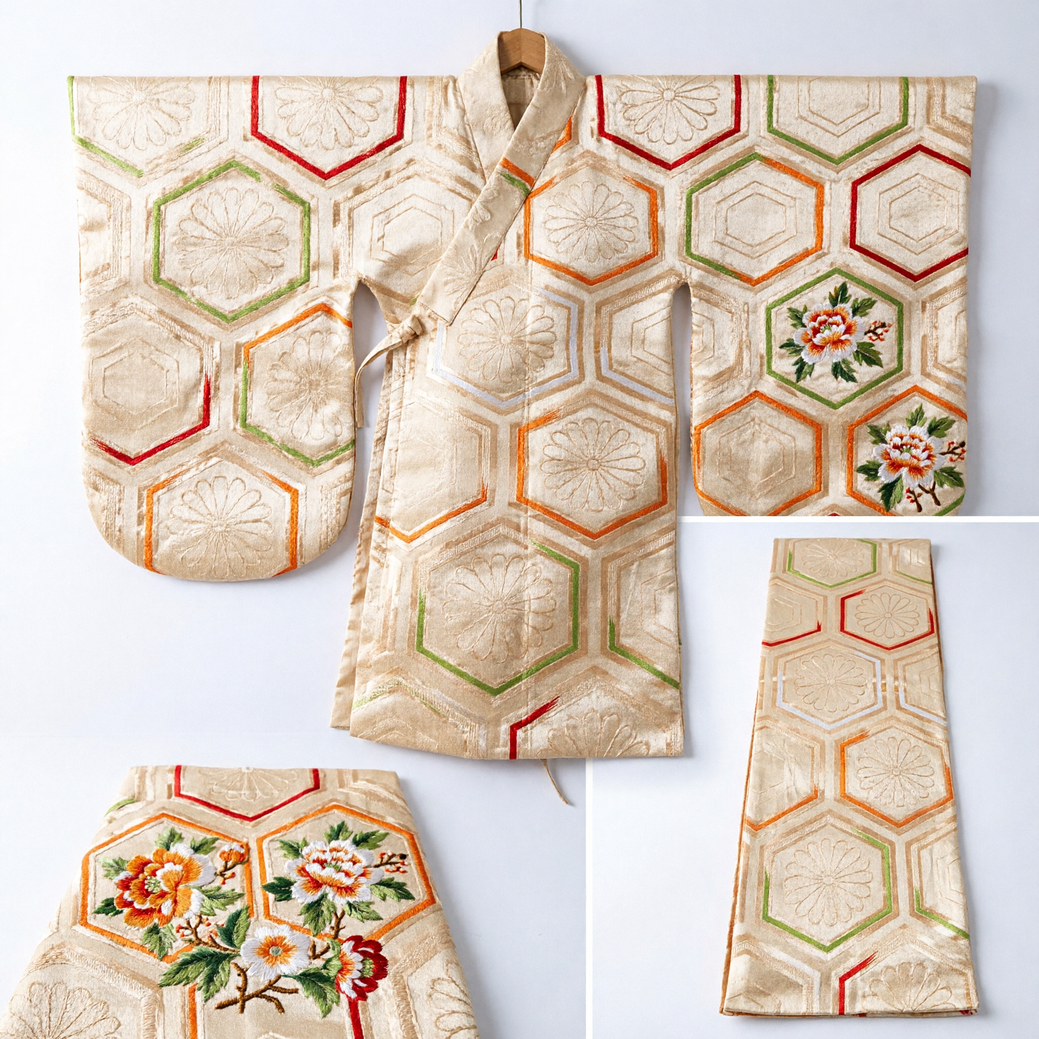 Traditional Gold Brocade Waist Sash with Hexagonal Floral Design for Asian Hanfu or Kimono Costumes