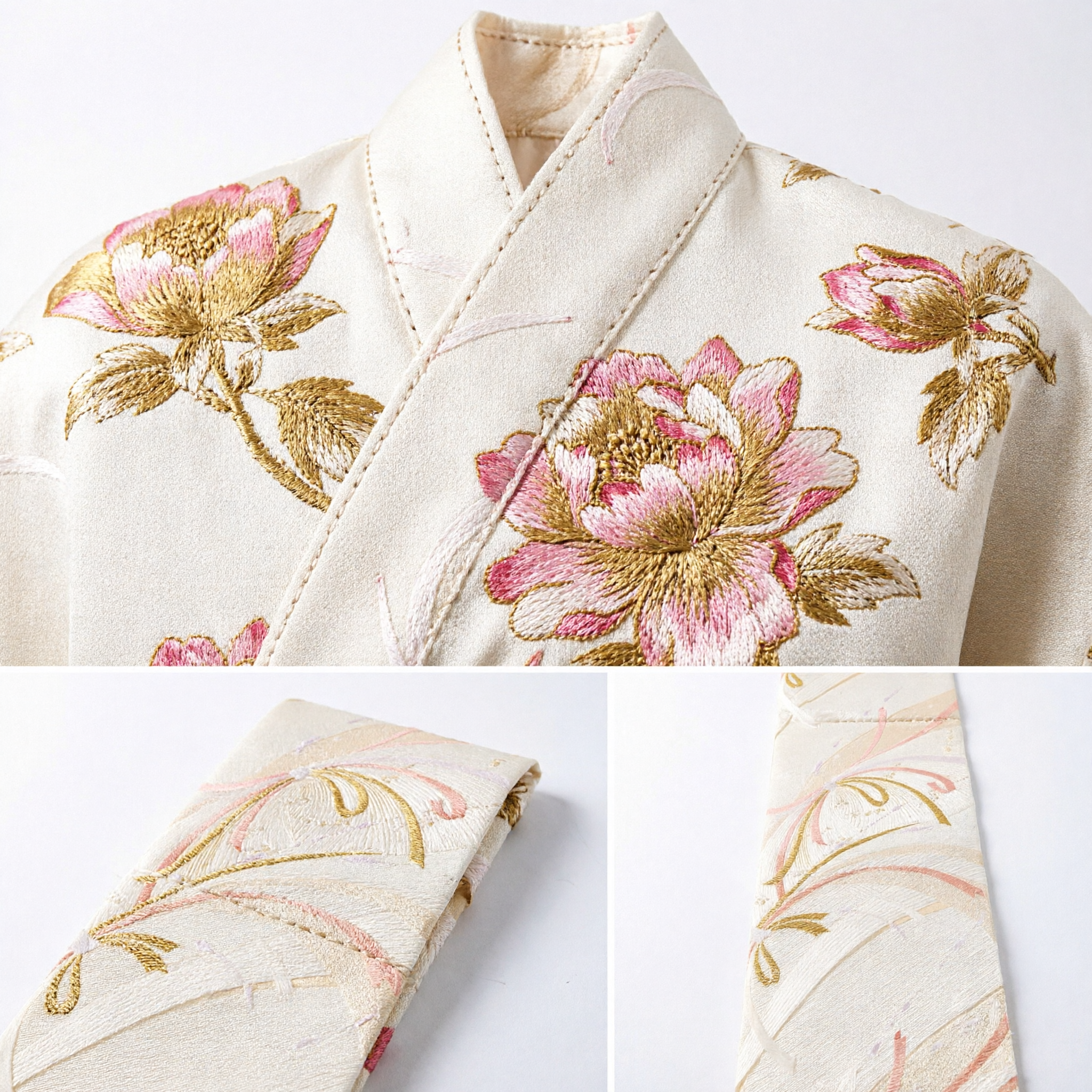 Elegant Chinese Traditional Hanfu Sash Cream Silk Brocade with Gold and Pink Floral Patterns for Women