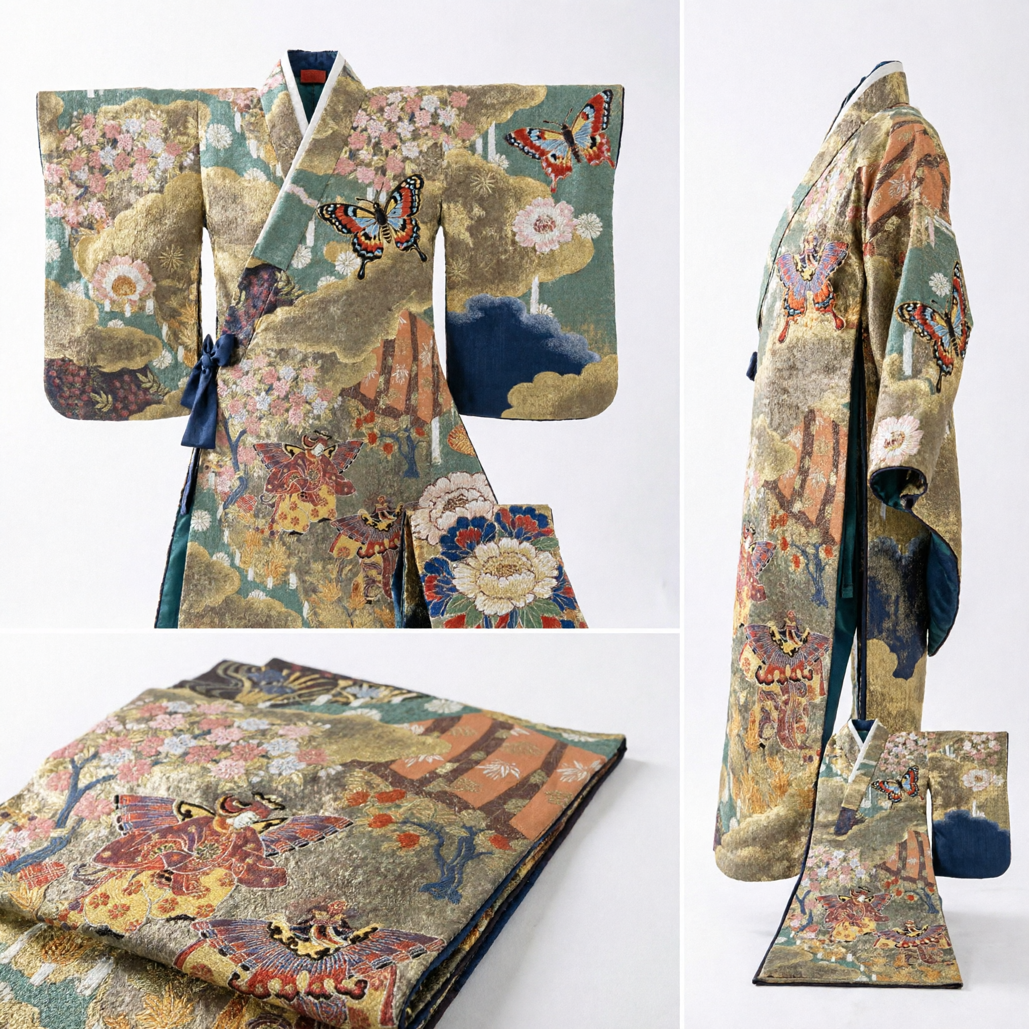 Traditional Japanese Kimono Brocade Fabric Gold Green Floral Pattern for DIY Costume Obi Sash Material