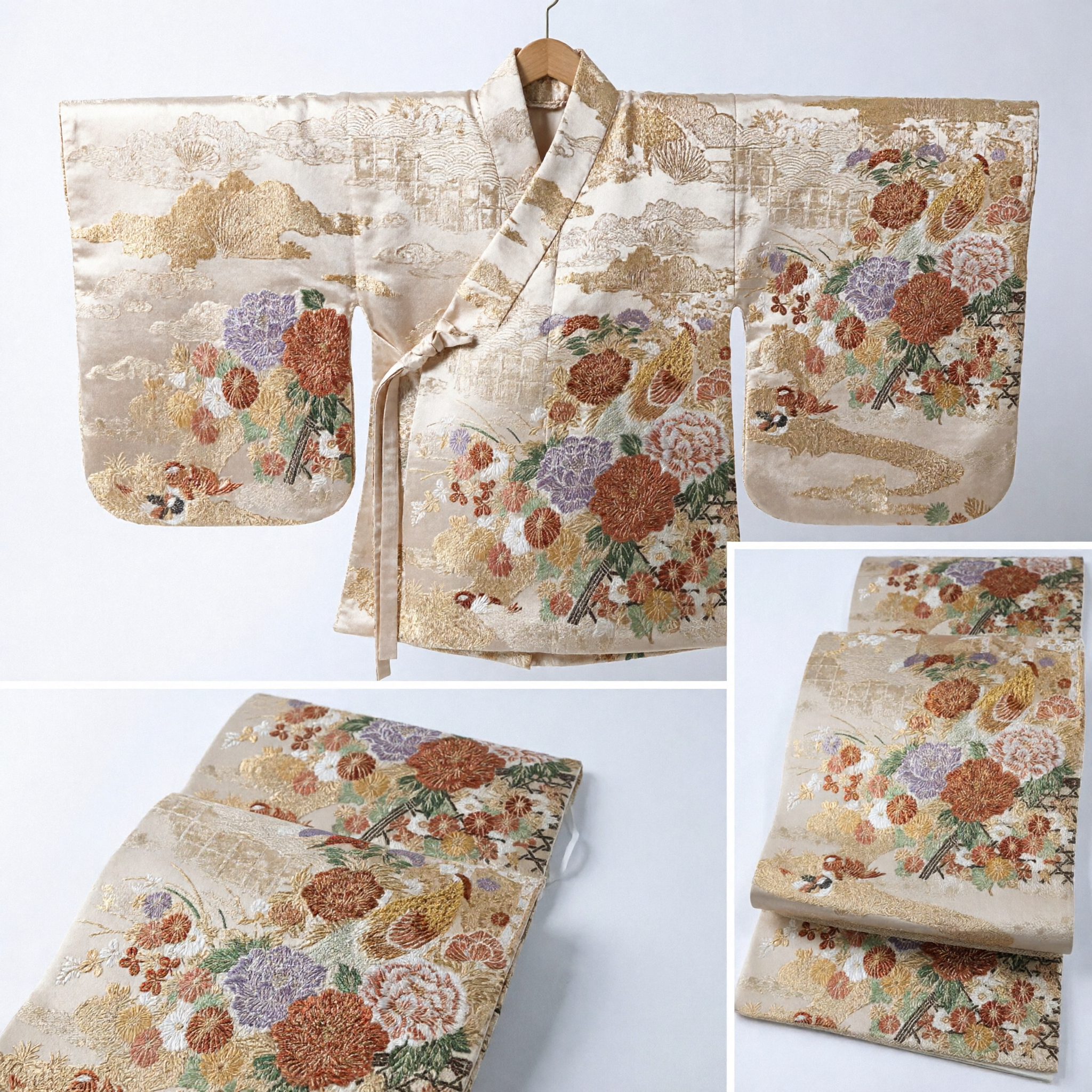 Luxury Japanese Kimono Brocade Fabric Gold Floral Peony Pattern Silk Material for DIY Sewing and Traditional Obi Making