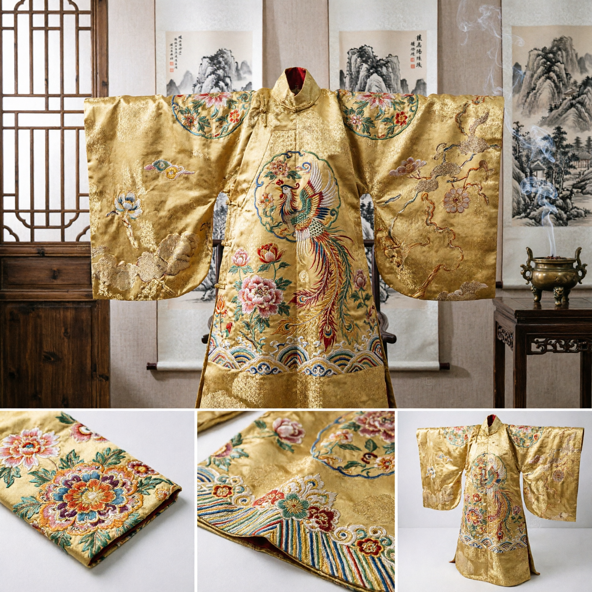 Classical Chinese Gold Green Silk Brocade Fabric with Phoenix and Floral Motifs for Traditional Hanfu and Qipao