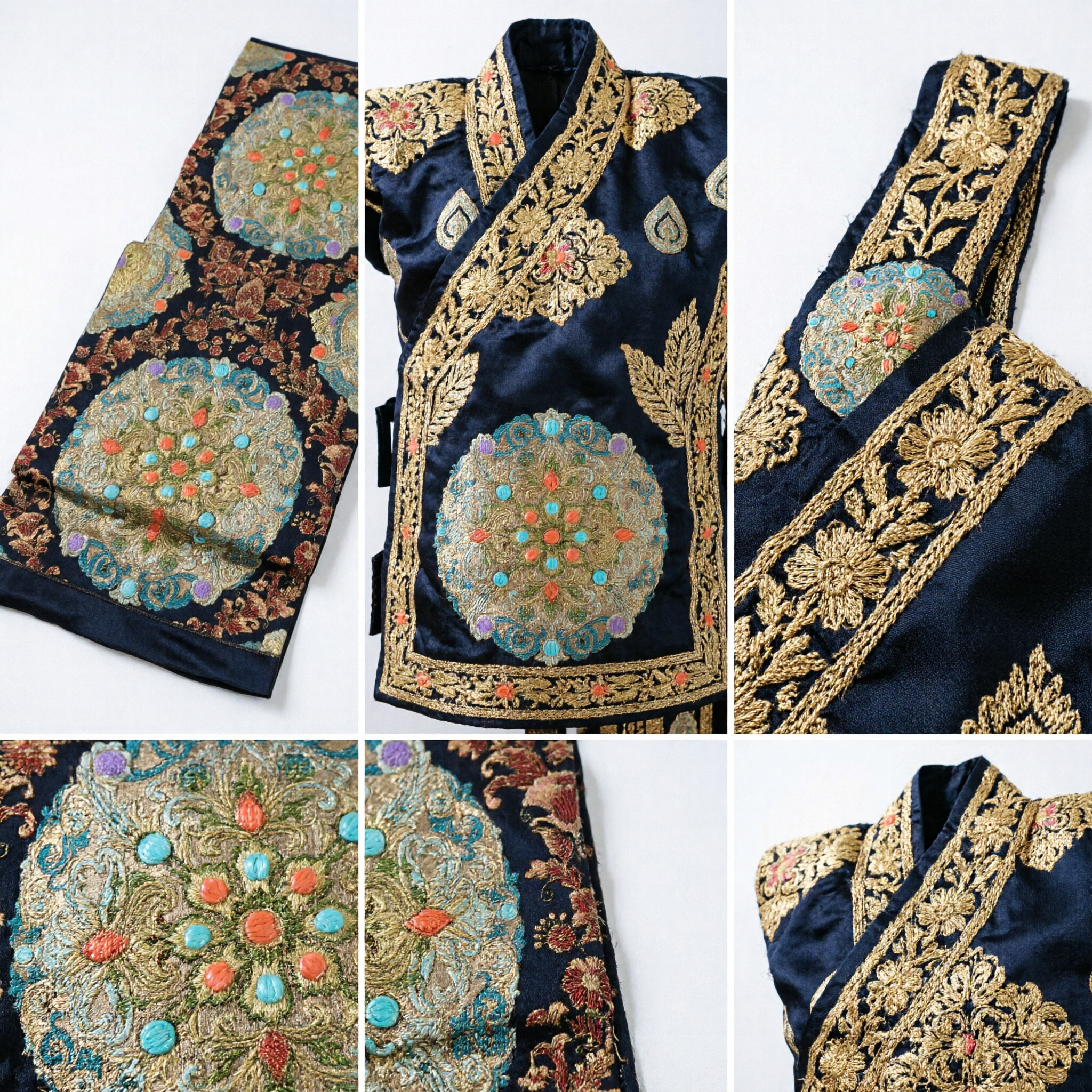 Traditional Chinese Black Brocade Fabric with Gold Floral Roundels for Hanfu Costume Making and Wedding Decor
