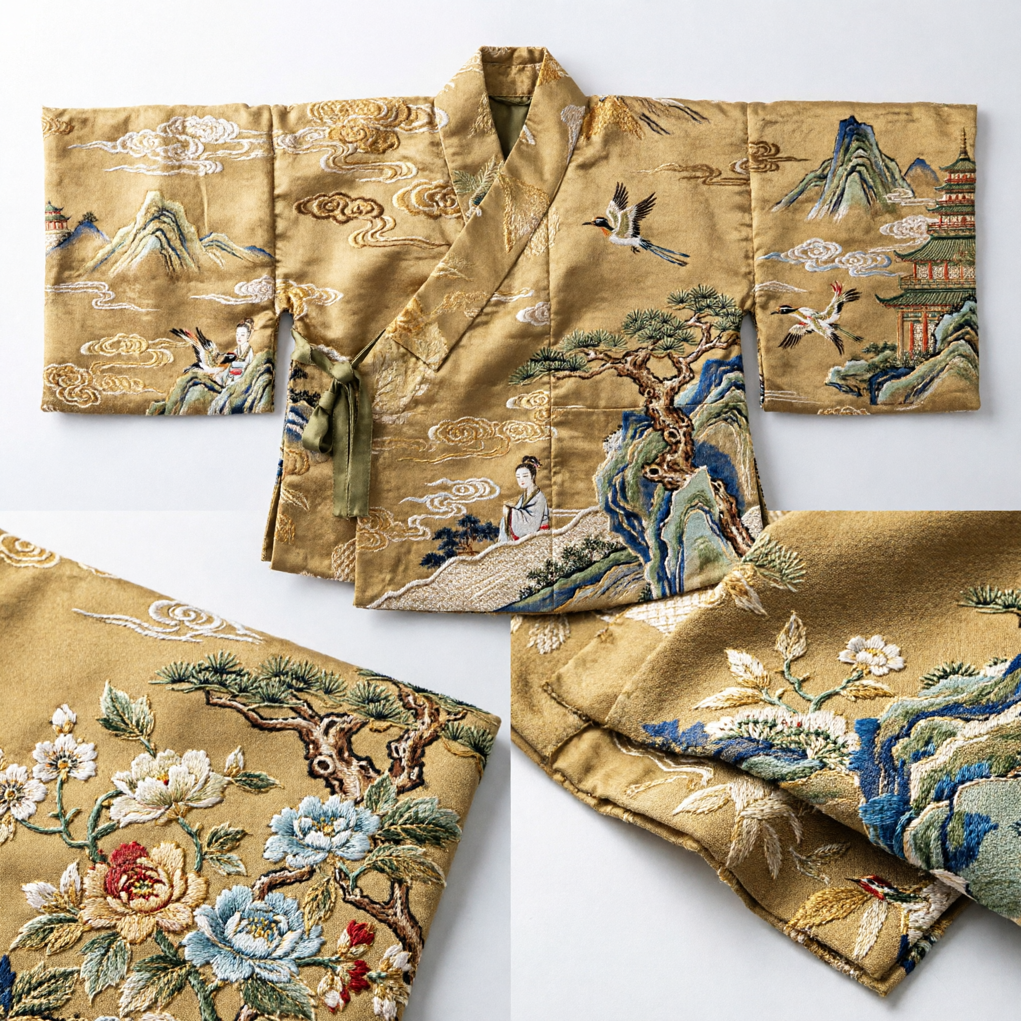 Chinese Traditional Golden Brocade Fabric Landscape Pattern Silk Material for Hanfu Costume Making DIY Craft