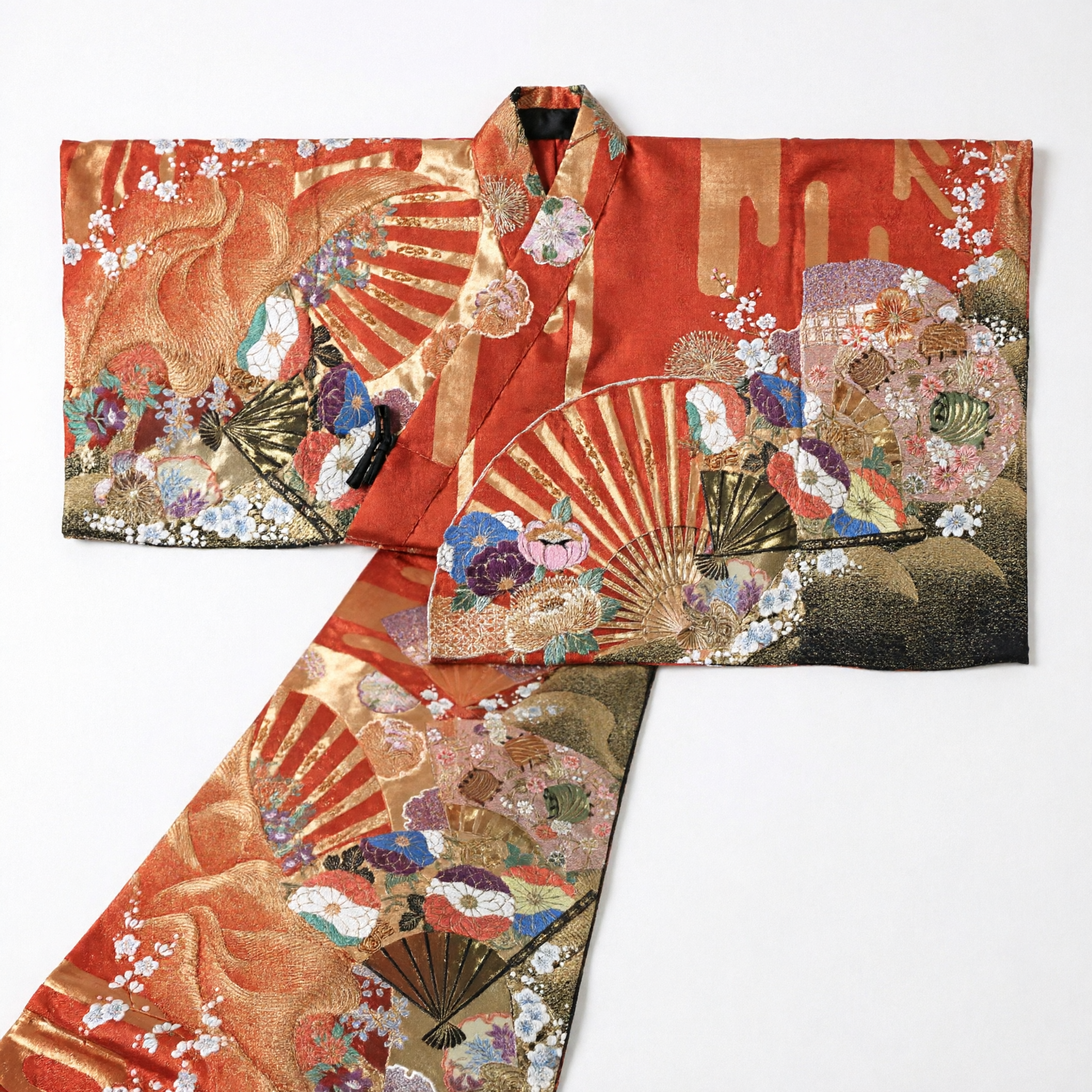 Traditional Japanese Red Silk Kimono Obi Sash with Gold Fan and Floral Brocade for Women