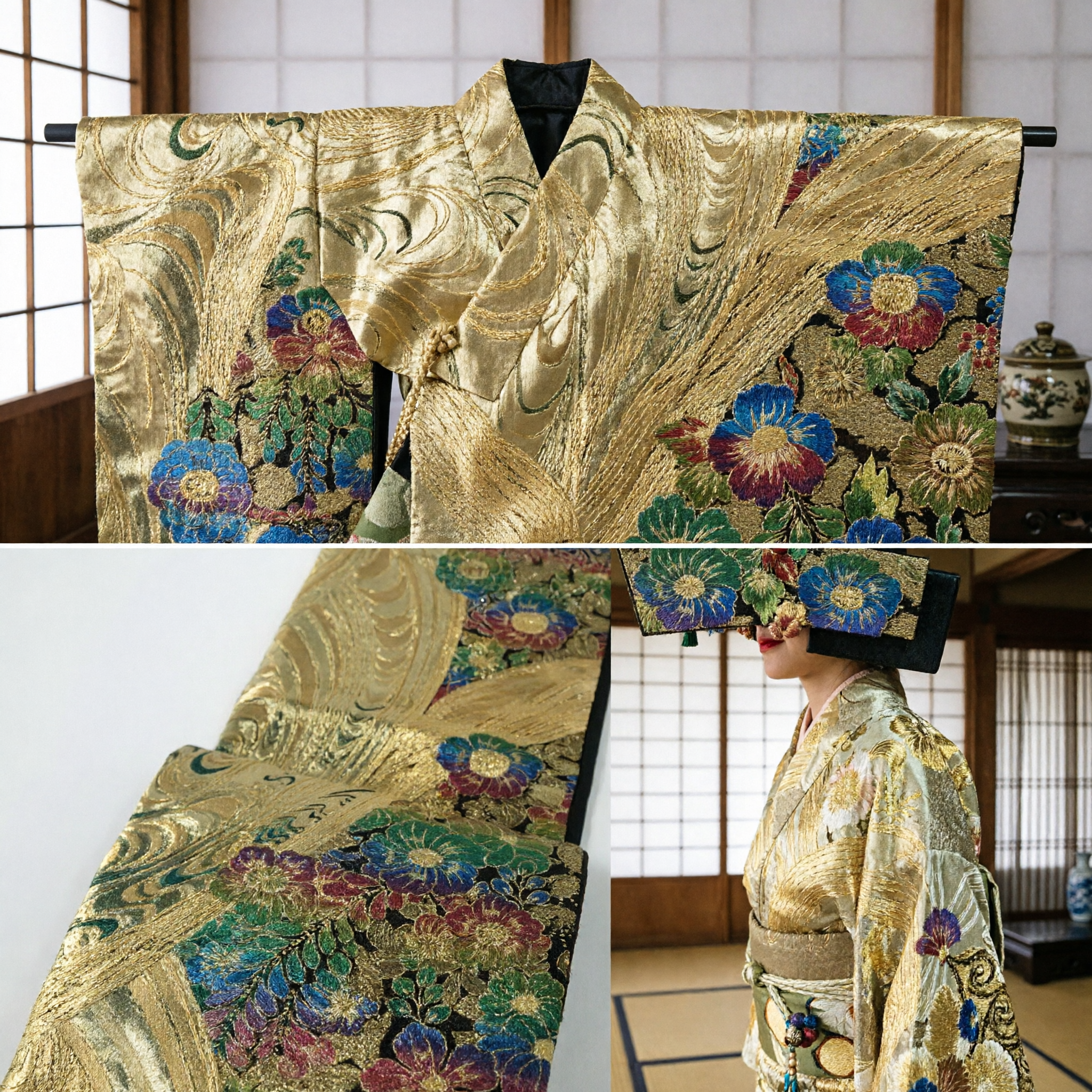 Traditional Asian Gold Brocade Sash with Floral Wave Pattern for Hanfu Kimono and Qipao Costumes