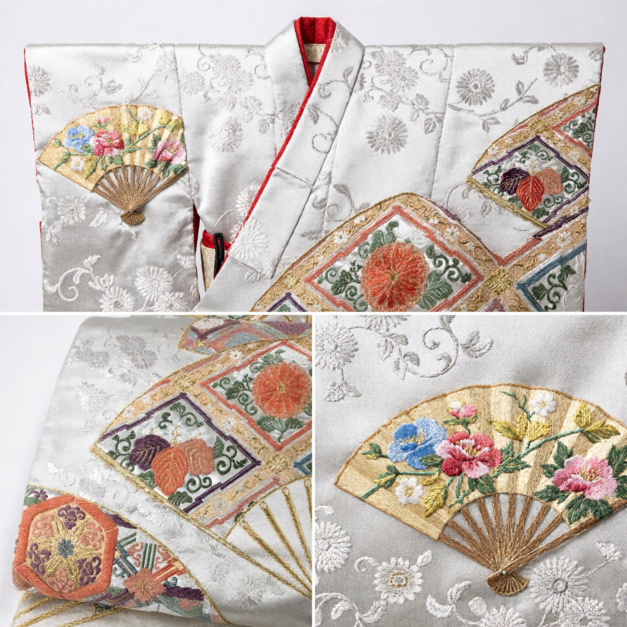 Traditional Japanese Silk Brocade Obi Sash with Gold Fan and Floral Pattern for Formal Kimono Wear