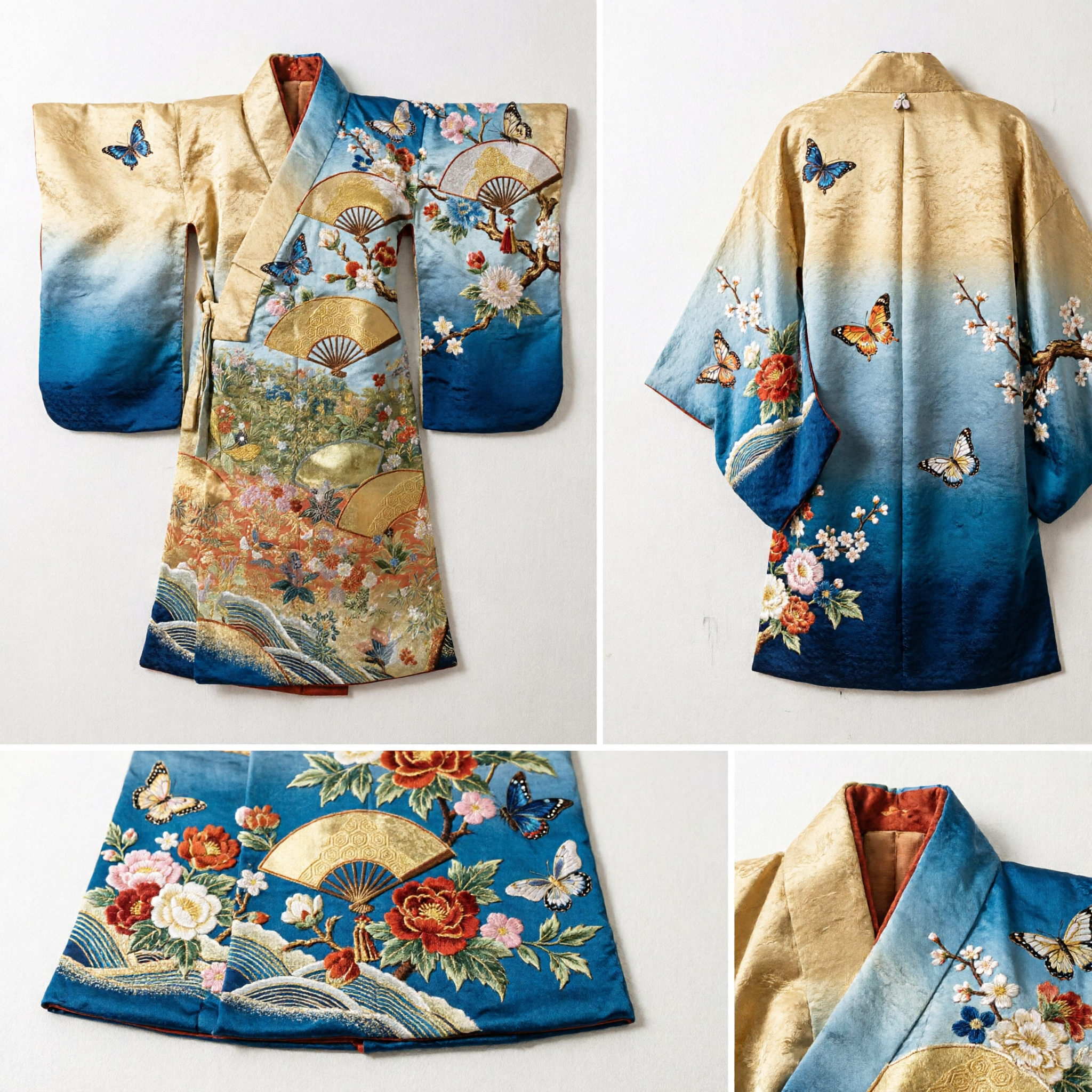 Japanese Style Gold Brocade Fabric with Fans and Floral Print for Kimono Obi Sash DIY Costume Making