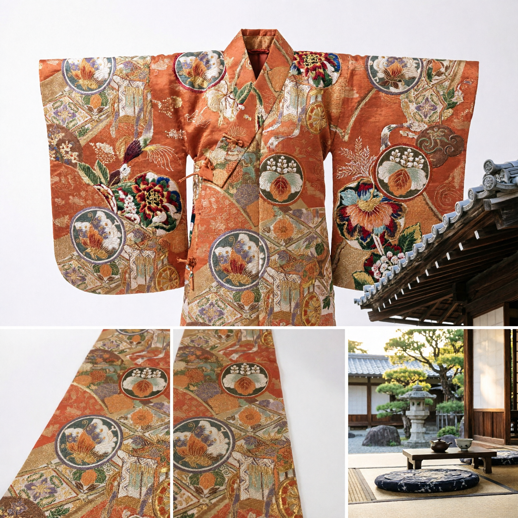 Traditional Asian Brocade Sash Belt Gold Orange Floral Fan Pattern for Kimono Hanfu Table Runner Decor